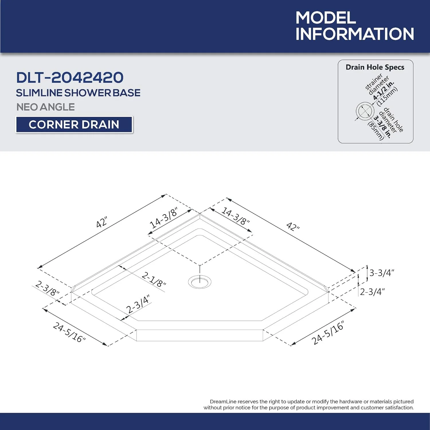 NEW - DreamLine SlimLine 42 in. D x 42 in. W x 2 3/4 in. H Corner Drain Neo-Angle Shower Base in White, DLT-2042420 - Retail $379 - Image 2