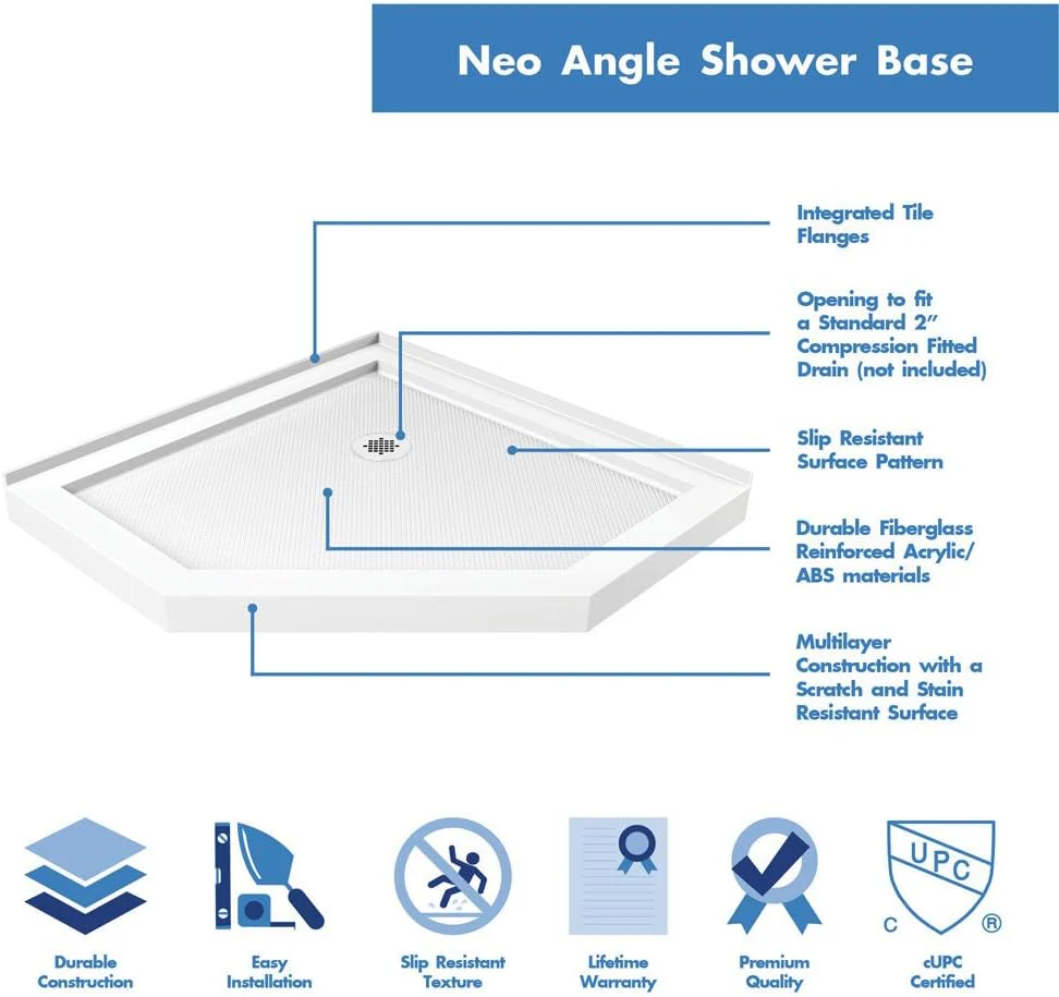 NEW - DreamLine SlimLine 42 in. D x 42 in. W x 2 3/4 in. H Corner Drain Neo-Angle Shower Base in White, DLT-2042420 - Retail $379 - Image 3