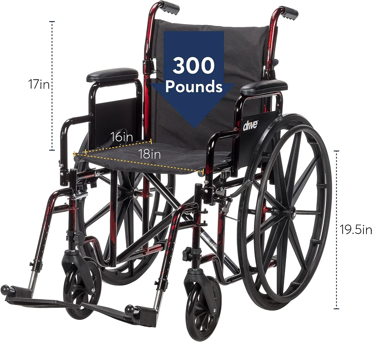 NEW - Drive Medical RTLREB18DDA-SF Rebel Lightweight Wheelchair with Swing-Away Footrest, Red - Retail $155 - Image 2
