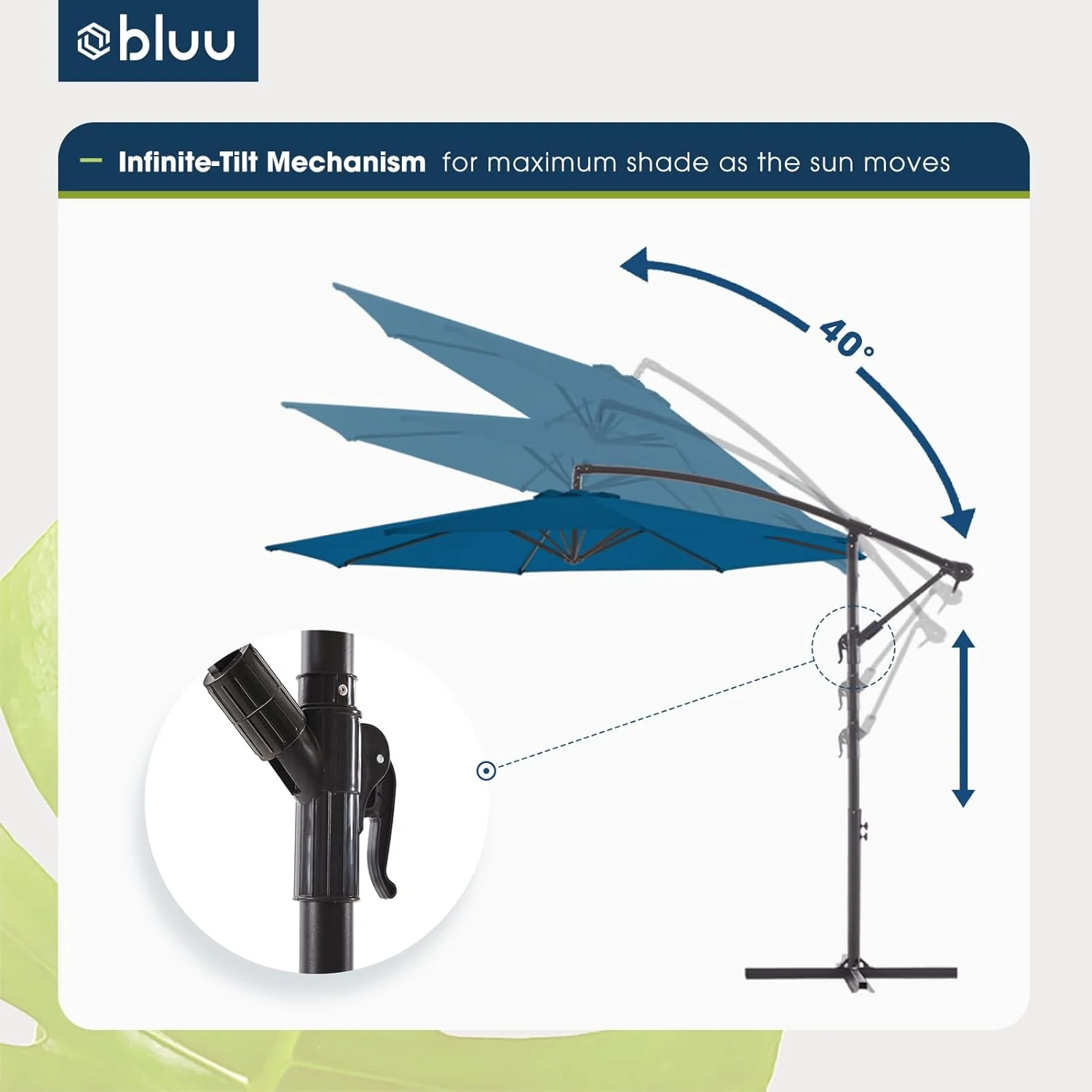 NEW - BLUU BANYAN 10 FT Patio Offset Umbrella Outdoor Cantilever Umbrella Hanging Umbrellas, 24 Month Fade Resistance & Water-repellent UV Protection Solution-dyed Fabric Canopy with Infinite Tilt, Crank & Cross Base (Royal Blue) - Retail $139 - Image 2