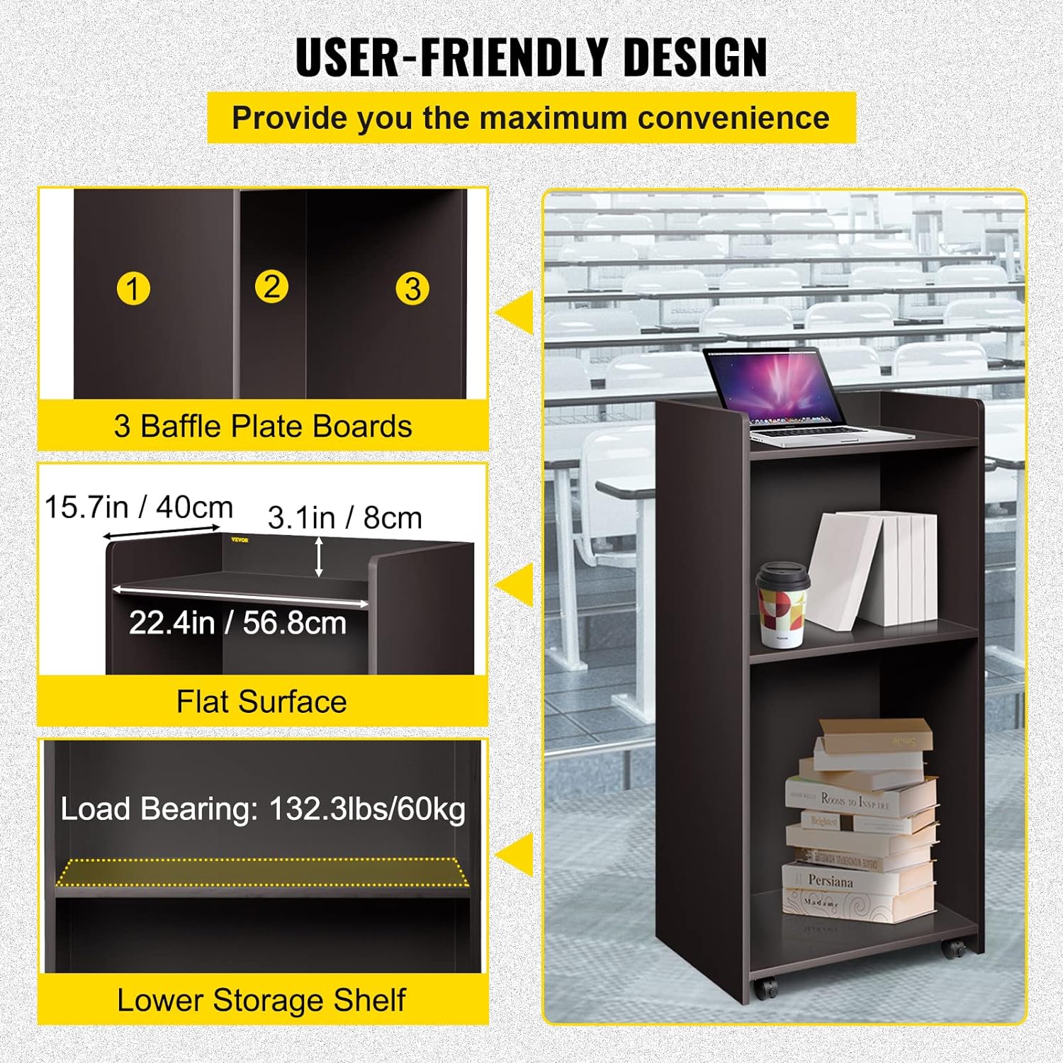 NEW - VEVOR Wood Podium, 23.6" x 47.2", Lecterns with 4 Rolling Wheels - Retail $145 - Image 2