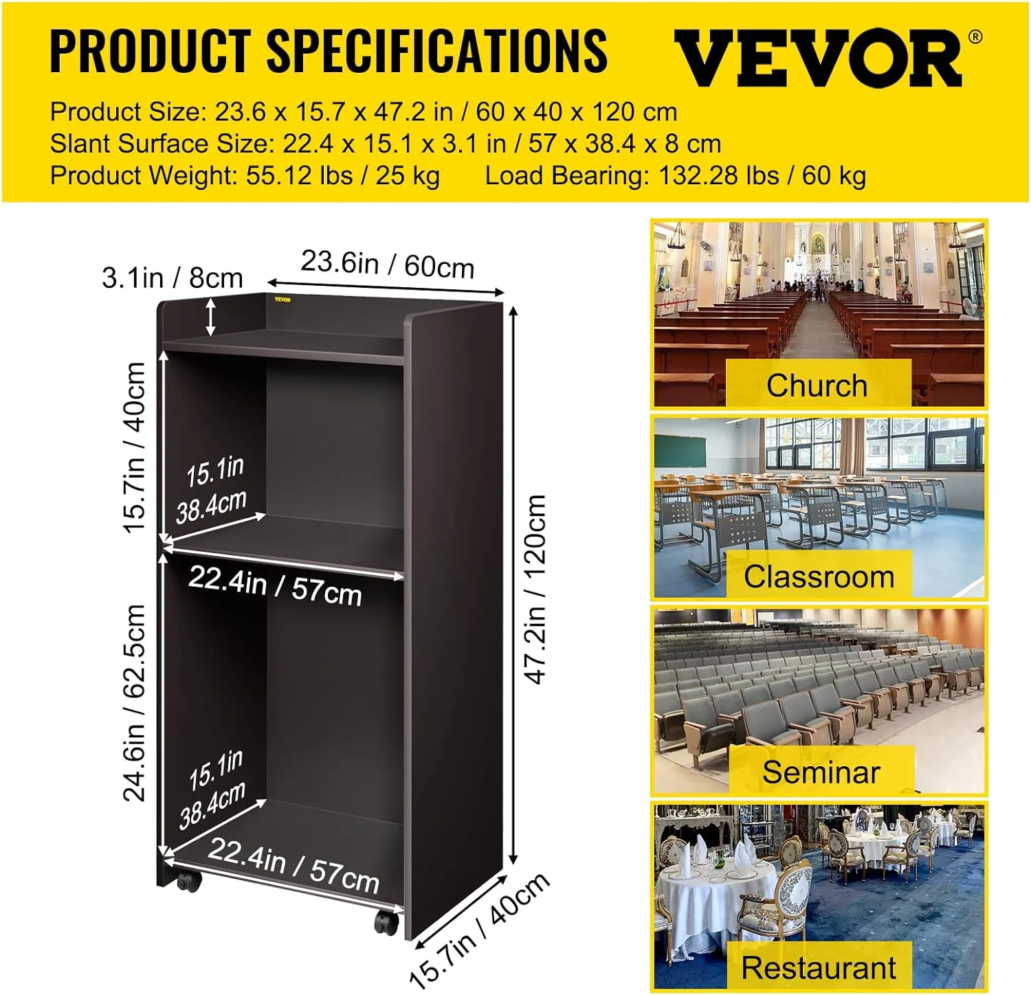 NEW - VEVOR Wood Podium, 23.6" x 47.2", Lecterns with 4 Rolling Wheels - Retail $145 - Image 3