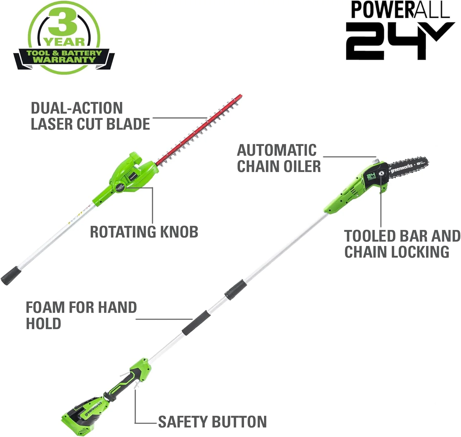 Greenworks 24V 8" Polesaw + 20" Pole Hedge Trimmer Combo, Battery and Charger - Retail $199 - Image 2