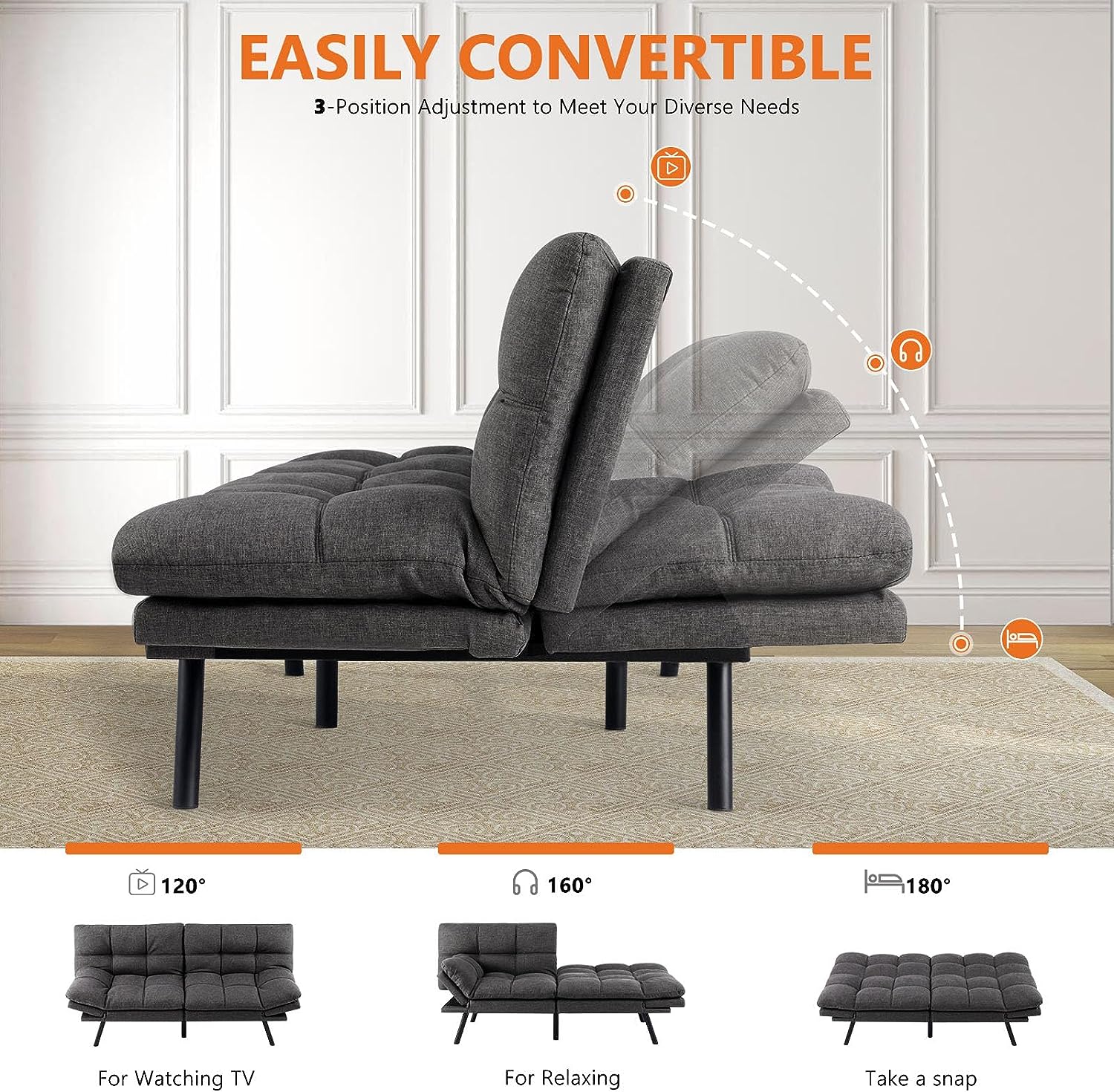 Sweetcrispy Futon Sofa Bed - Leather Sofa Futon Couch, Linen, Grey - Retail $239 - Image 3