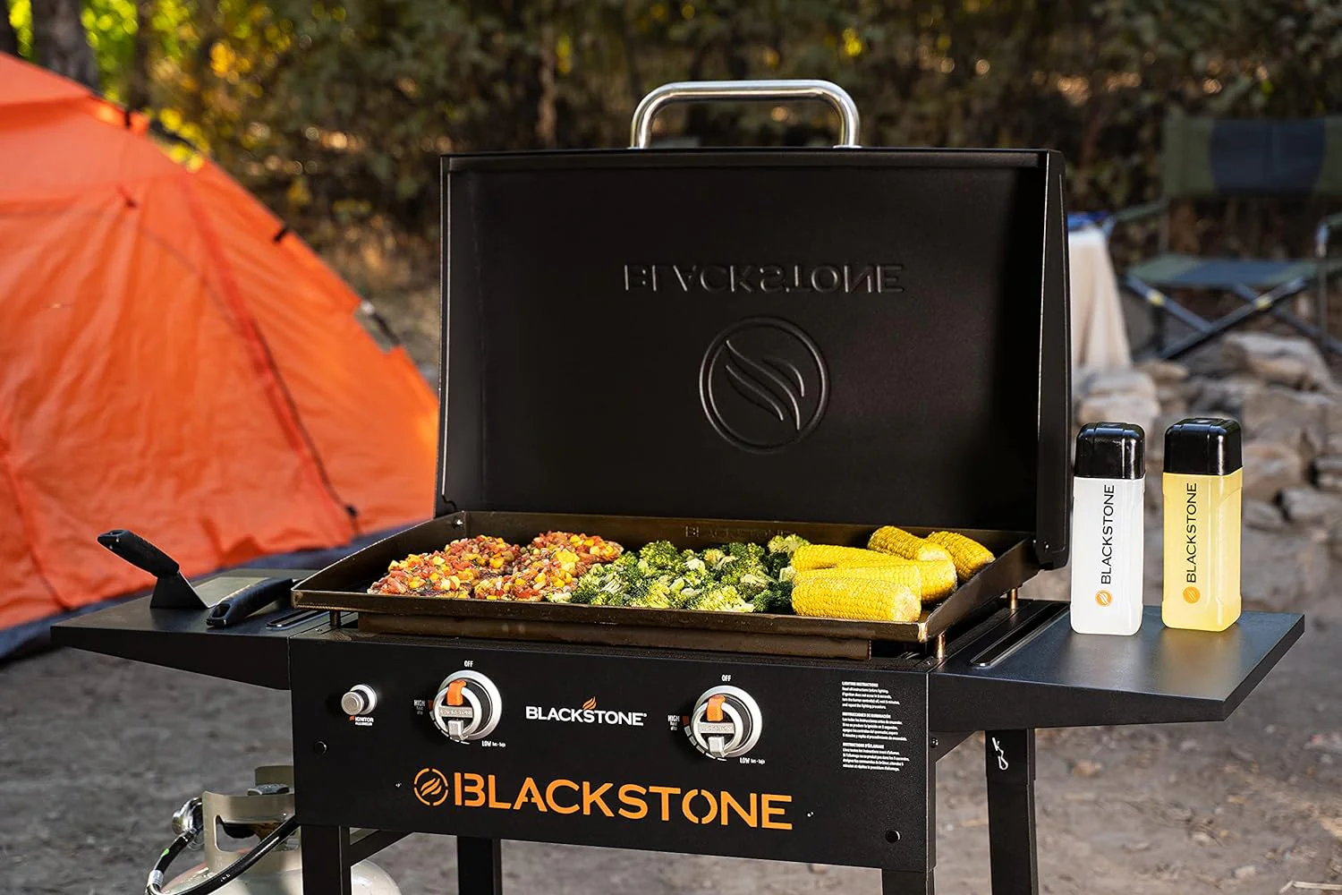 NEW - Blackstone 1883 Original 28” Griddle with Integrated Protective Hood and Counter Height Side Shelves, Powder Coated Steel, Black - Retail $370 - Image 2
