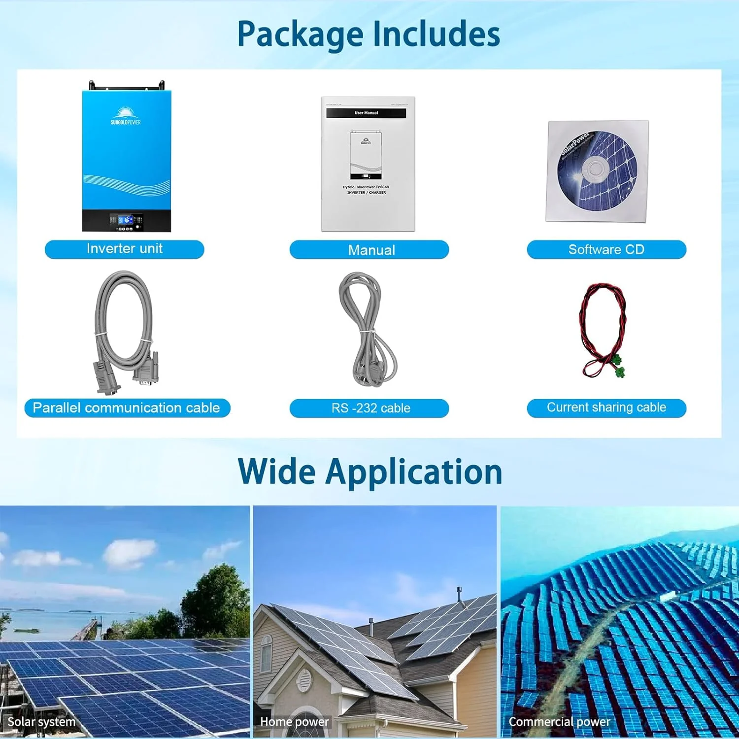 NEW - SUNGOLDPOWER 6000W 48Vdc Hybrid Solar Inverter Input 240V Output 120/240V Split Phase Pure Sine Wave Inverter MPPT 120A Solar Charger and 120A AC Charger (Grid Feedback & Batteryless) BluePower TP6048 - Retail $1365 - Image 10