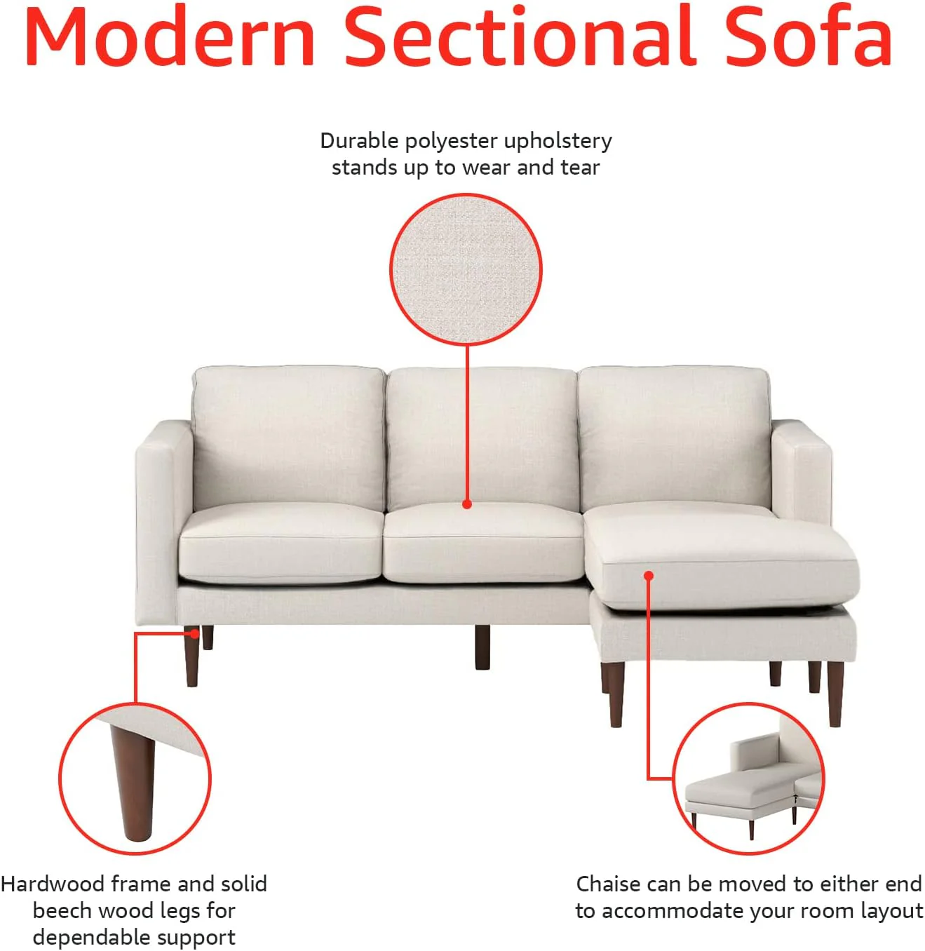 NEW - Rivet Revolve Modern Upholstered Sectional, Reversible Chaise, 80"W, Linen - Retail $1226 - Image 3