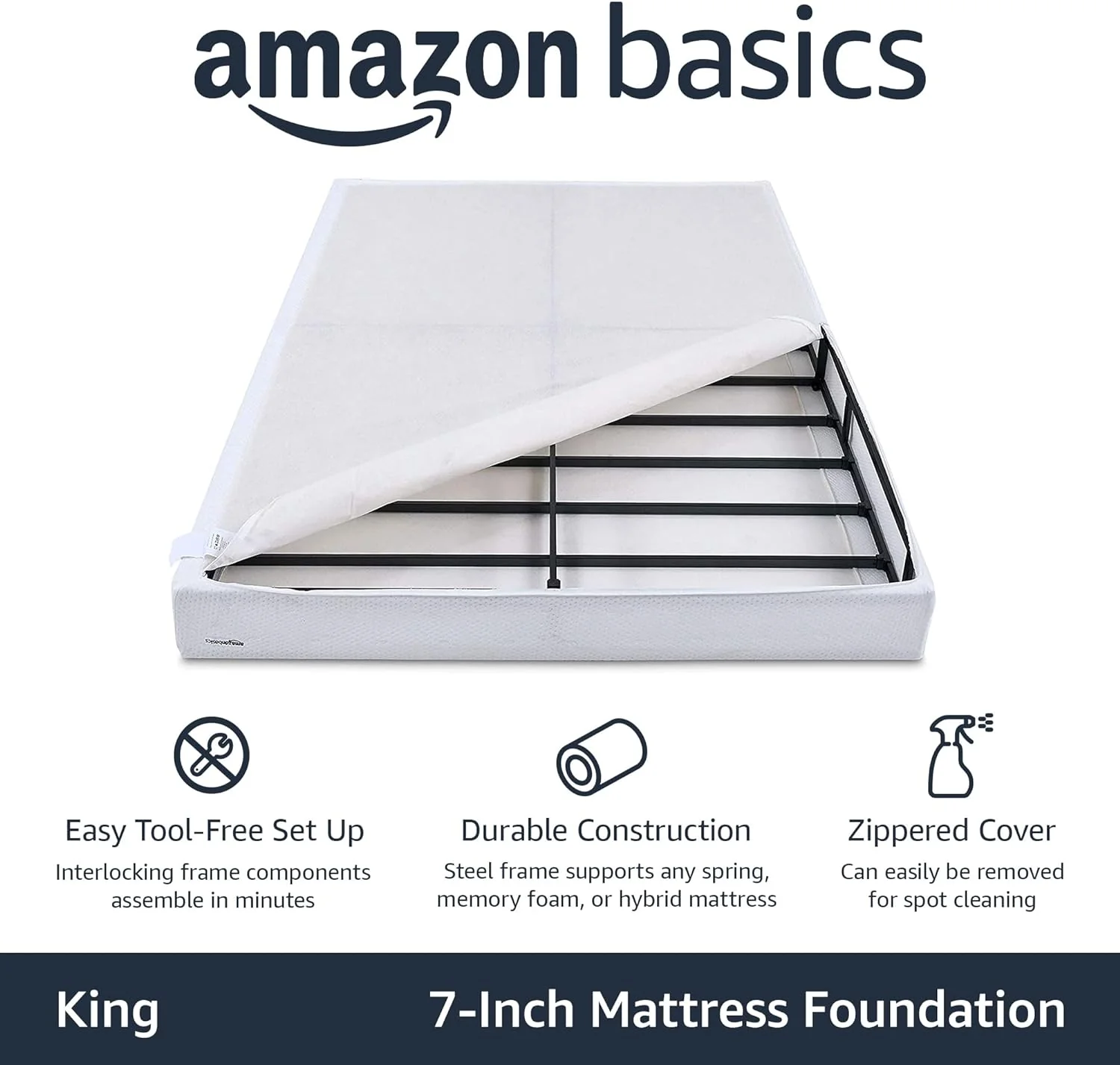 Amazon Basics Smart King Box Spring Bed Base, 7-Inch Mattress Foundation, Tool-Free Easy Assembly, White - Retail $147 - Image 3