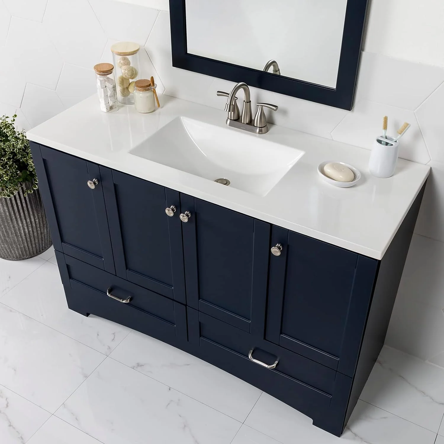 NEW - Spring Mill Cabinets Emlyn Bathroom Vanity with 3 Cabinets, 2 Shelves, 2 Drawers, and White Sink Top, 48.25" W x 18.75" D x 32.89" H, Deep Blue - Retail $662 - Image 4