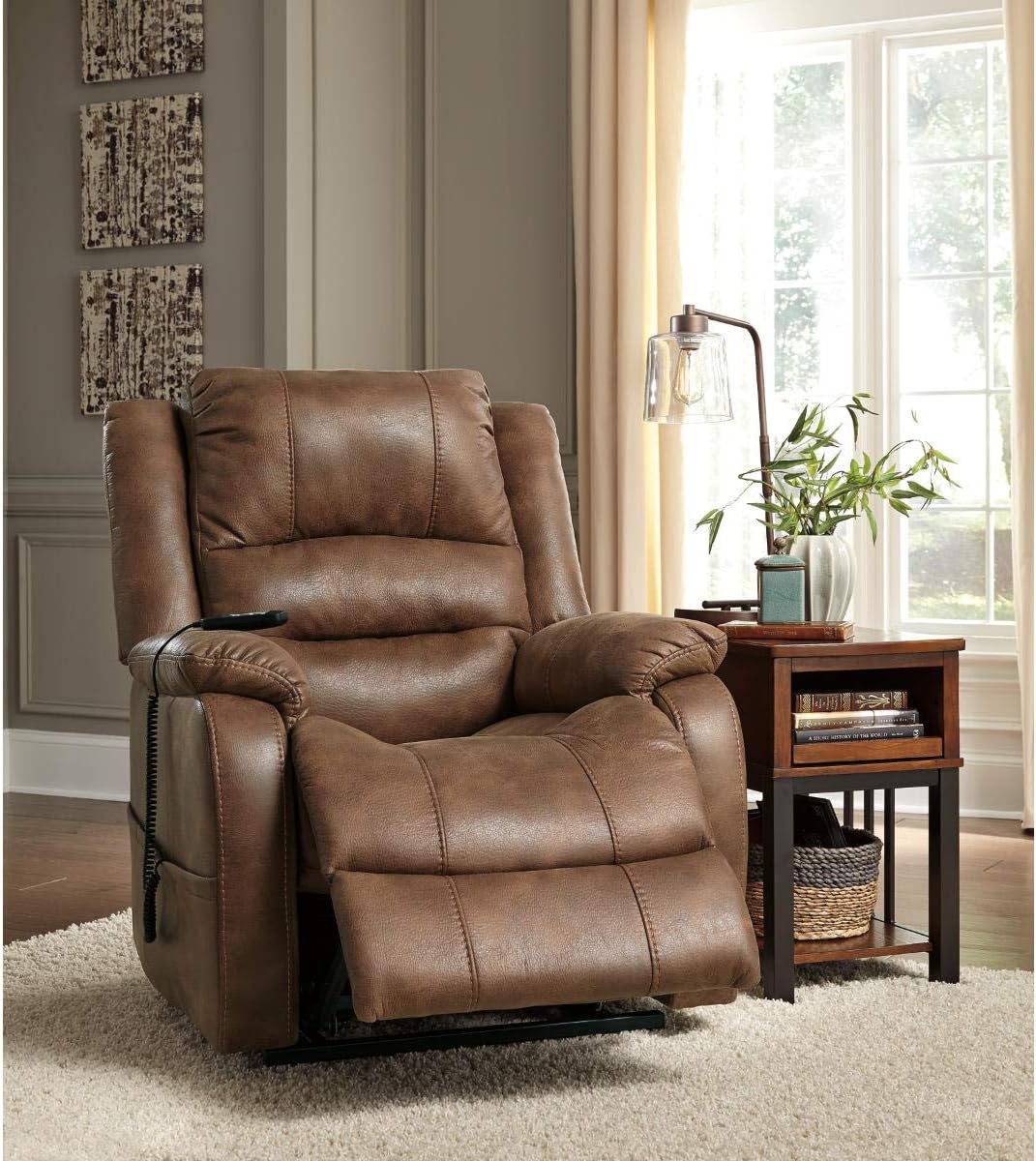 Like NEW - Signature Design by Ashley Yandel Faux Leather Power Lift Recliner, Brown - Retail $739 - Image 3