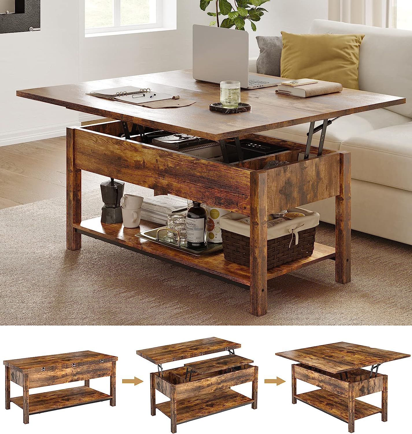 NEW - FABATO Lift Top Coffee Table, 4-in-1 Convertible Coffee Table with Storage - Retail $250 - Image 2