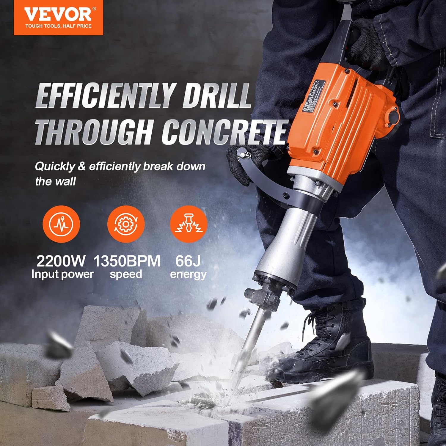 VEVOR Demolition Jack Hammer, 2200W Electric Jackhammer Heavy Duty, 1350 BPM Concrete Breaker 4pcs Chisels Bit Chipping W/Case, Gloves - Retail $142 - Image 3