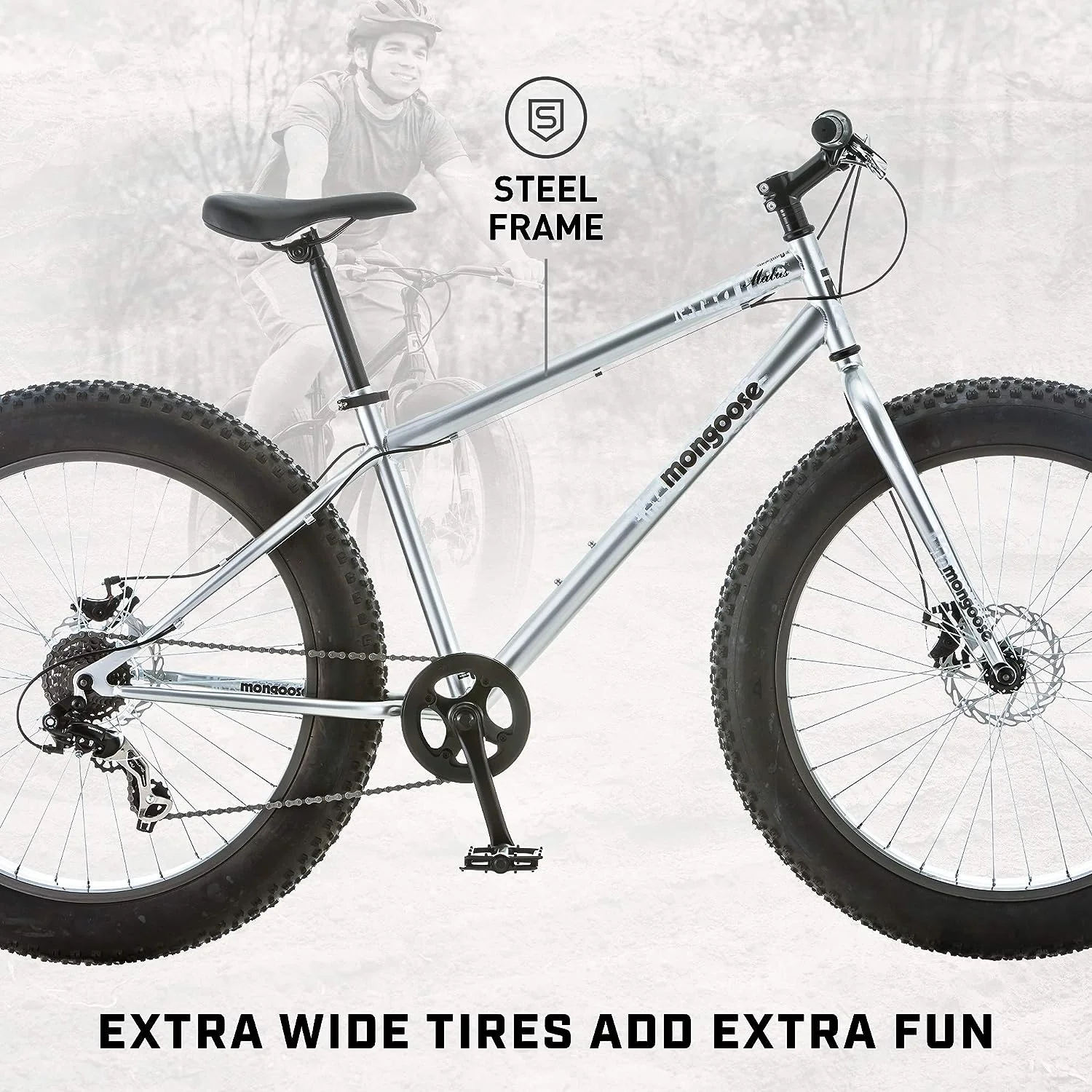 NEW - Mongoose Malus Mens and Womens Fat Tire Mountain Bike, 26-Inch Bicycle Wheels, 4-Inch Wide Knobby Tires, Steel Frame, 7 Speed Drivetrain Bicycle, Shimano Rear Derailleur, Disc Brakes, Silver/Black - Retail $412 - Image 2