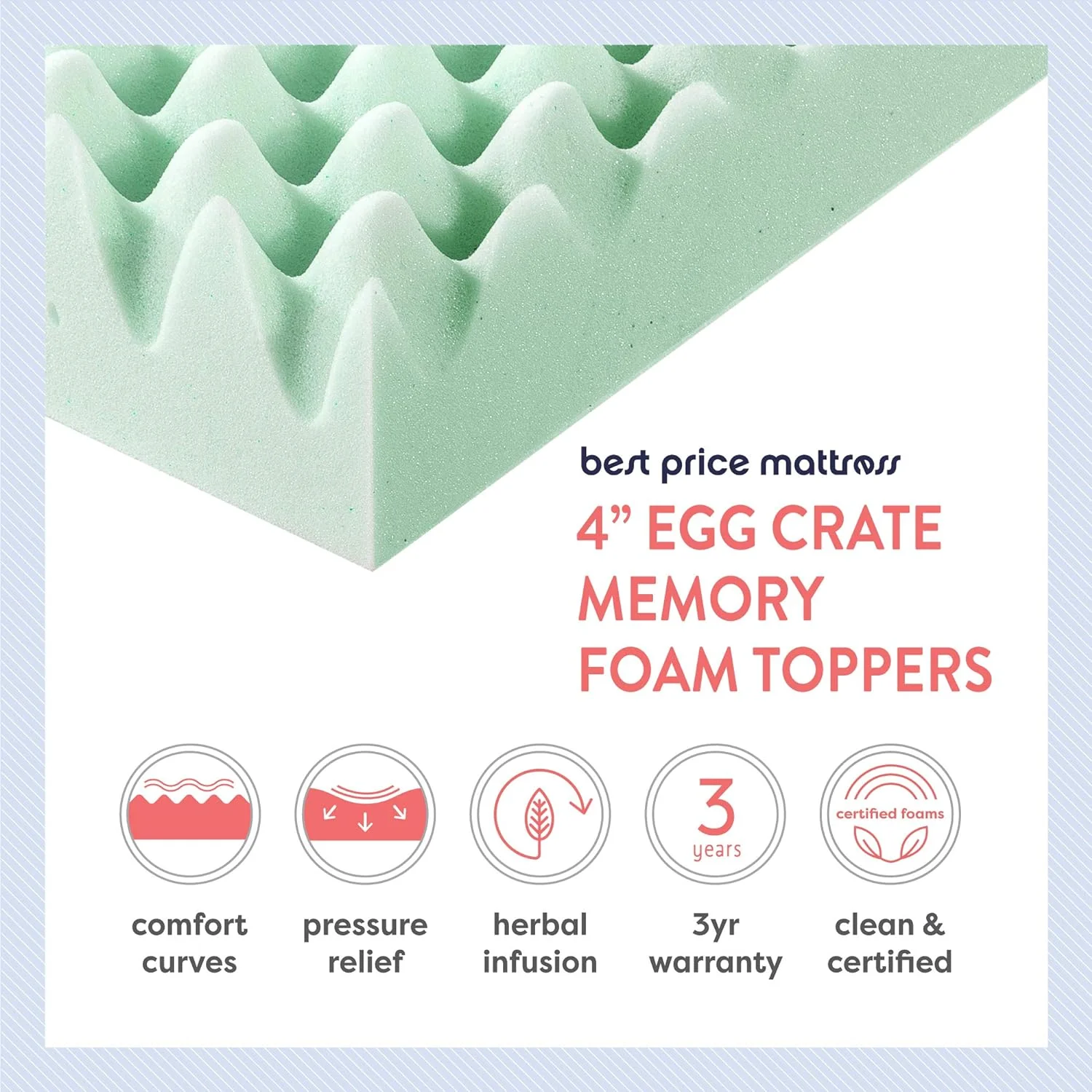 NEW - Best Price Mattress 4 Inch Egg Crate Memory Foam Mattress Topper with Calming Aloe Infusion, CertiPUR-US Certified, Full, Green - Retail $96 - Image 6