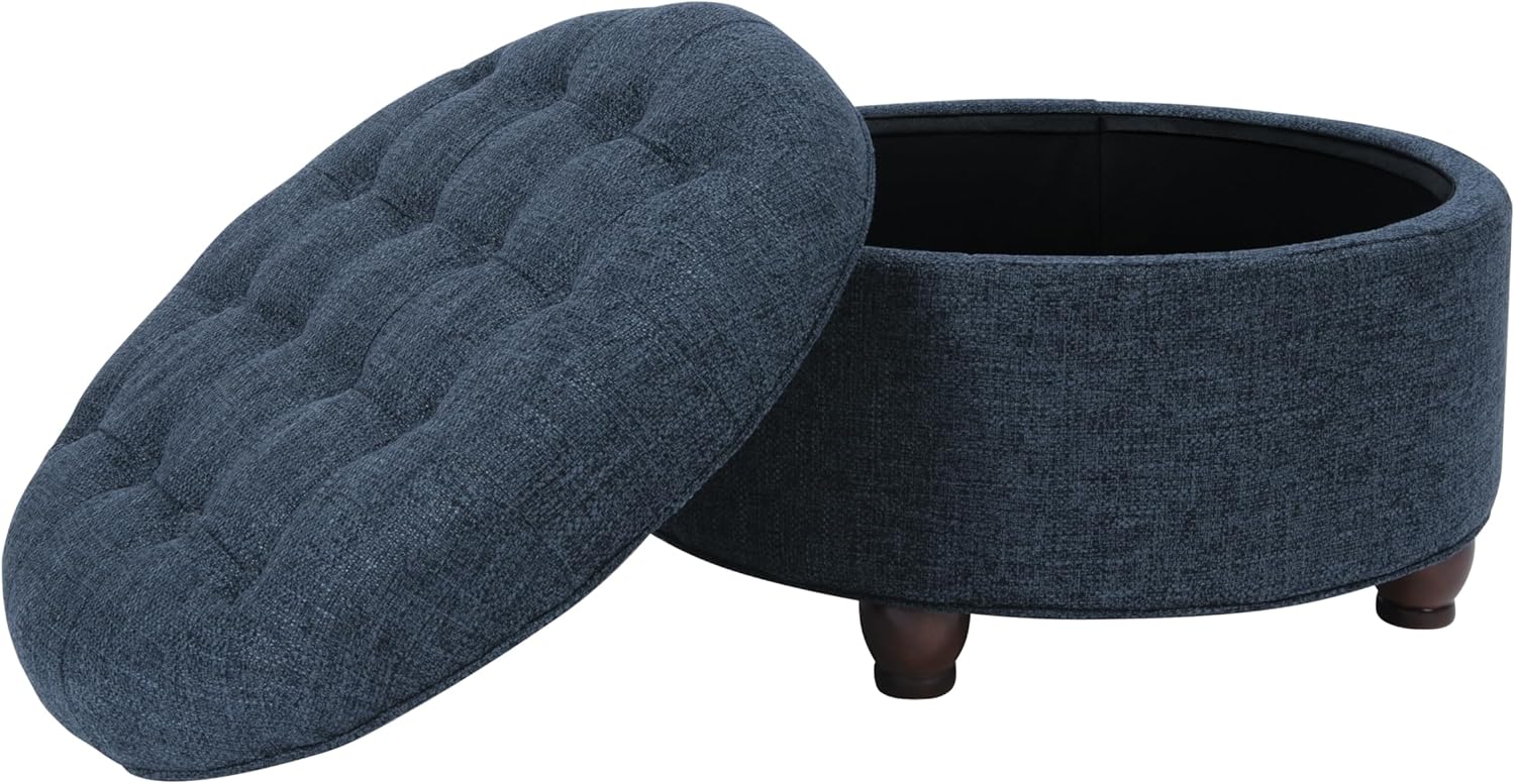 Homepop Home Decor | Large Button Tufted Woven Round Storage Ottoman for Living Room & Bedroom (Navy Woven) 25 inch D x 25 inch W x 15 inch H - Retail $142 - Image 2