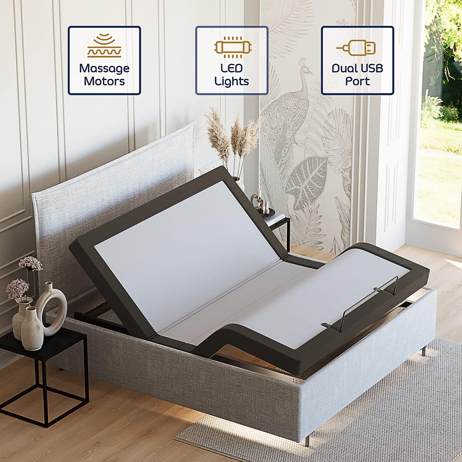 Nestl Adjustable Bed Frame, Adjustable Massage Bed Frame with Wireless Remote, Adjustable Bed Base Head & Foot Massage, Fast & Easy Assembly, USB Ports, LED Light, King Size Bed Frame - Retail $934 - Image 3
