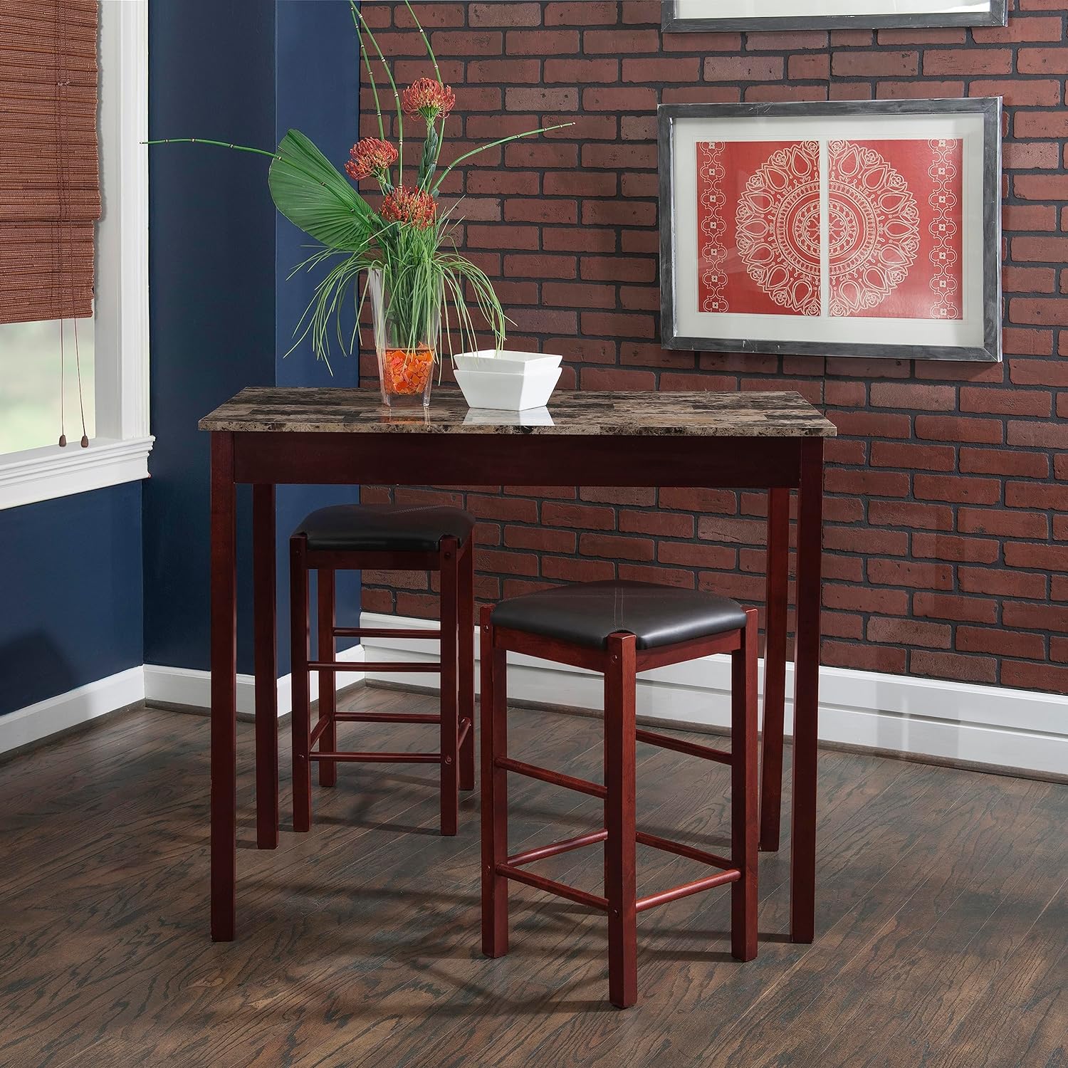 NEW - Linon Brown 3-Piece Table Faux Marble Tavern Set, 42" w x 22.25" d x 36" h - Retail $121 - Image 5