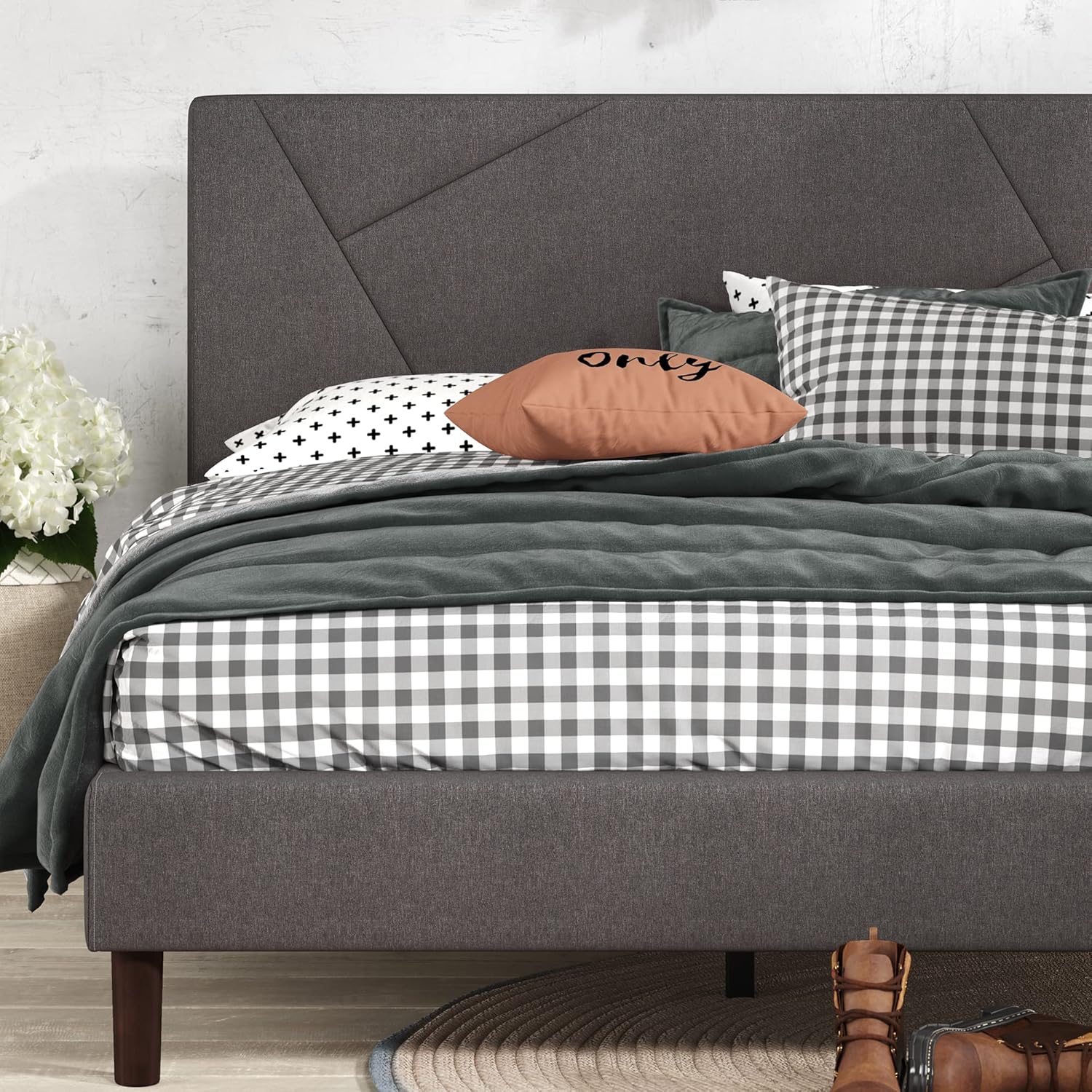 NEW - Zinus QUEEN Judy Upholstered Platform Bed Frame / Mattress Foundation / Wood Slat Support / No Box Spring Needed / Easy Assembly, Grey - Retail $324 - Image 4
