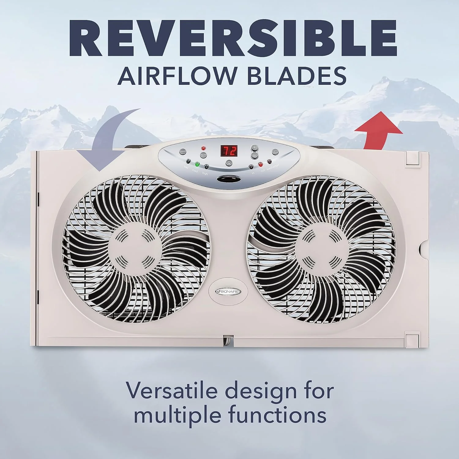 NEW - BIONAIRE Premium Digital 8.5" Twin Window Fan, Reversible Airflow Control, Exhaust and Intake, 3 Speeds, Extender Panels, Programmable Thermostat, LED Temperature Display, Remote Control, Light Grey - Retail $55 - Image 2