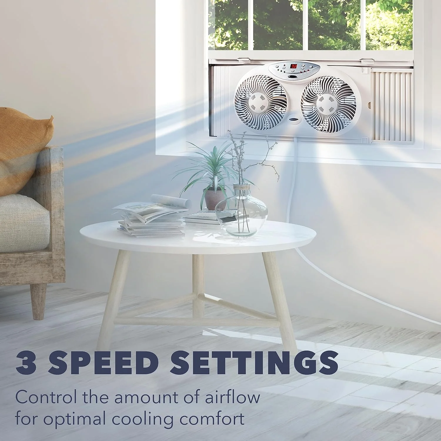 NEW - BIONAIRE Premium Digital 8.5" Twin Window Fan, Reversible Airflow Control, Exhaust and Intake, 3 Speeds, Extender Panels, Programmable Thermostat, LED Temperature Display, Remote Control, Light Grey - Retail $55 - Image 3