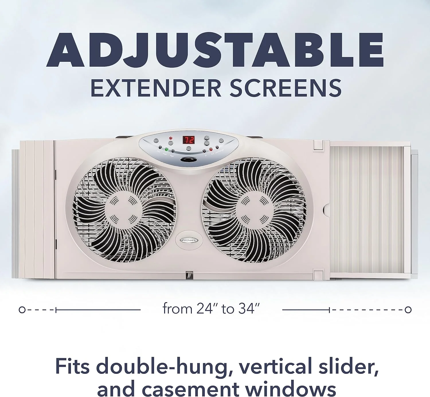 NEW - BIONAIRE Premium Digital 8.5" Twin Window Fan, Reversible Airflow Control, Exhaust and Intake, 3 Speeds, Extender Panels, Programmable Thermostat, LED Temperature Display, Remote Control, Light Grey - Retail $55 - Image 6