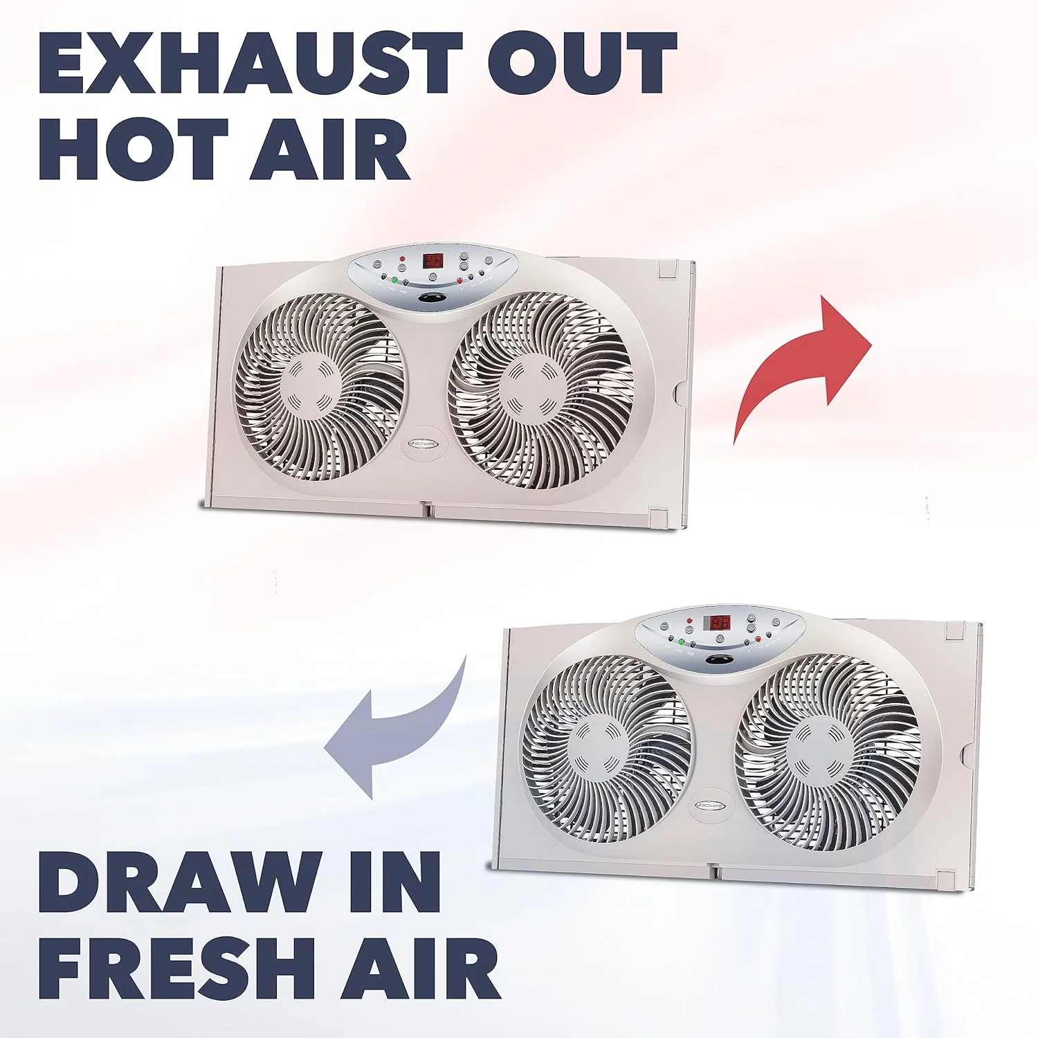 NEW - BIONAIRE Premium Digital 8.5" Twin Window Fan, Reversible Airflow Control, Exhaust and Intake, 3 Speeds, Extender Panels, Programmable Thermostat, LED Temperature Display, Remote Control, Light Grey - Retail $55 - Image 7