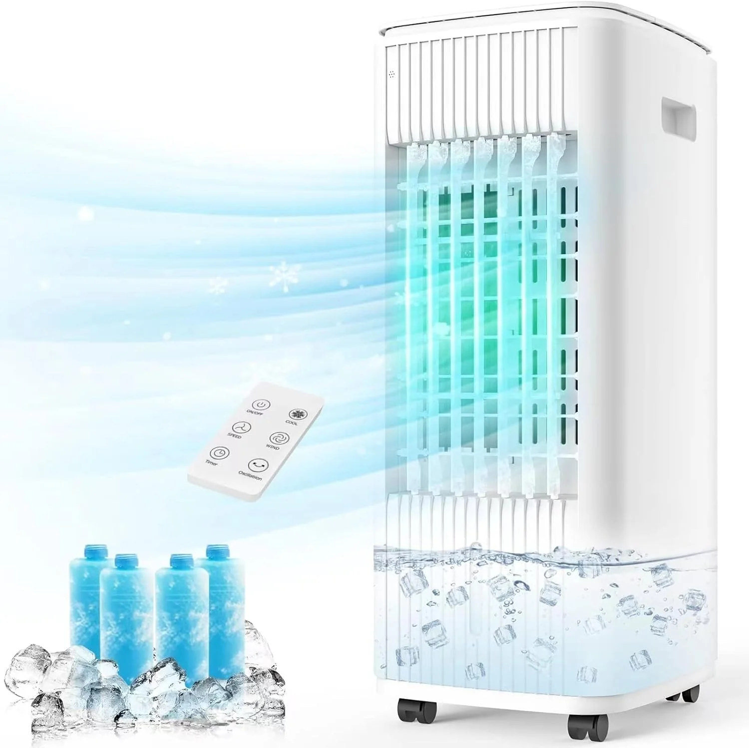 Evaporative Air Cooler, 3-IN-1 Windowless Portable Air Conditioner with Natural/Cooling/Humidifier & 3-Speed, 70° Oscillation & 7 Timer Remote Control, Swamp Cooler w/4 Ice Packs for Home & Kitchen - Retail $189
