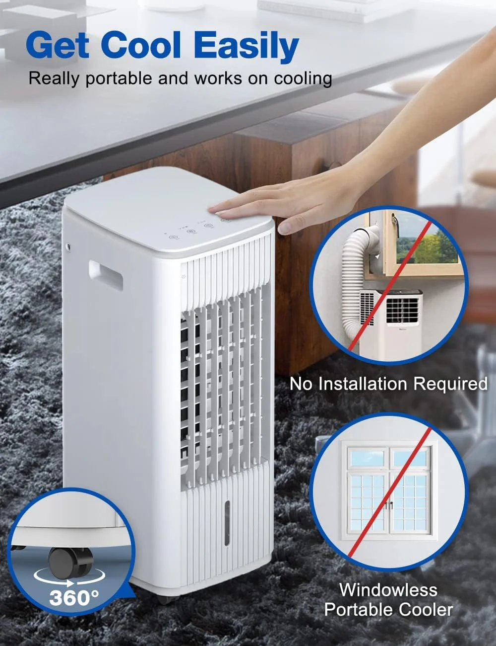 Evaporative Air Cooler, 3-IN-1 Windowless Portable Air Conditioner with Natural/Cooling/Humidifier & 3-Speed, 70° Oscillation & 7 Timer Remote Control, Swamp Cooler w/4 Ice Packs for Home & Kitchen - Retail $189 - Image 2