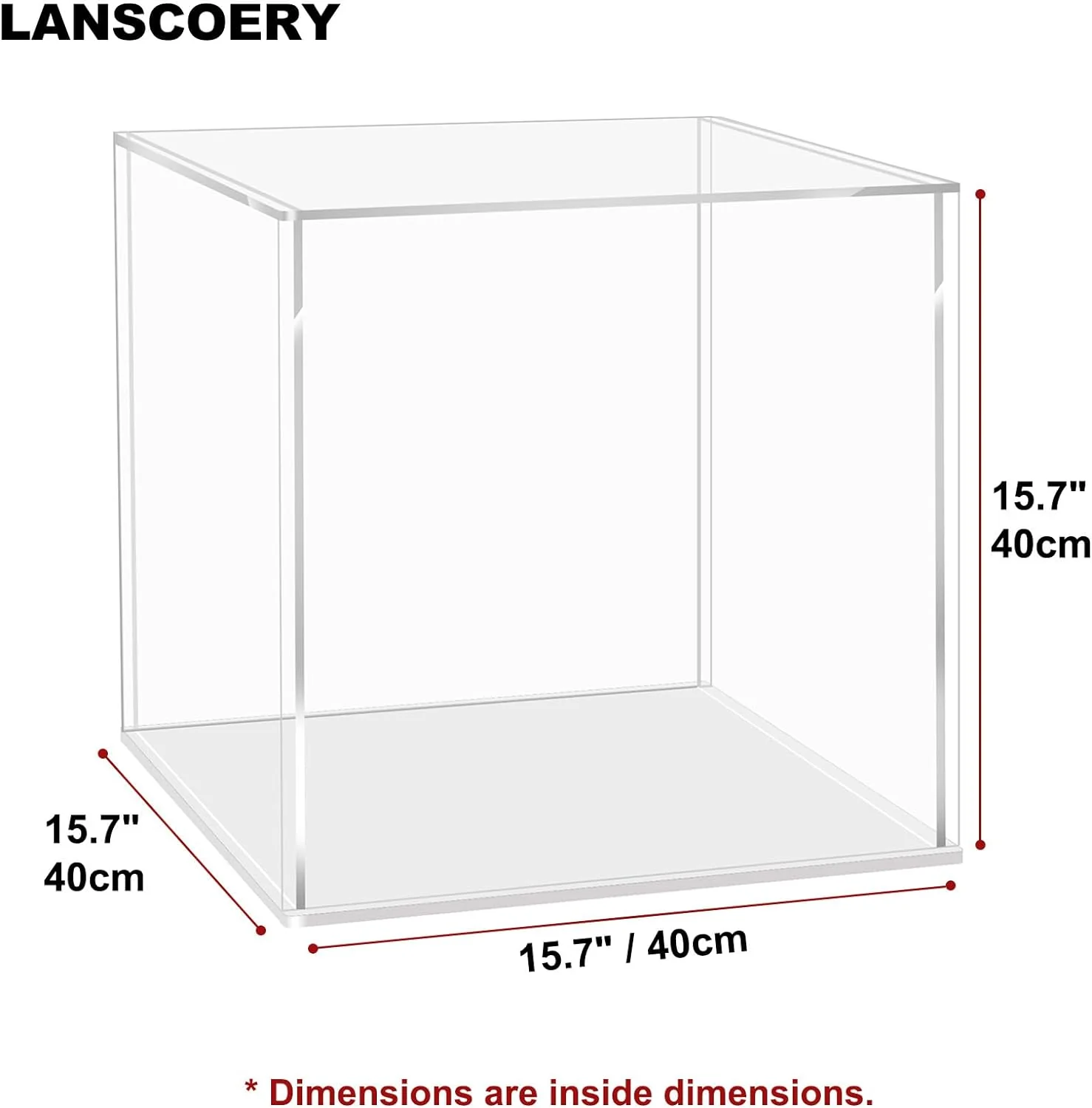 NEW - LANSCOERY Clear Acrylic Display Case, Assemble Cube Display Box Stand with White Base, Dustproof Protection Showcase for Collectibles Memorabilia Figurines (15.7x15.7x15.7inch; 40x40x40cm) - Retail $88