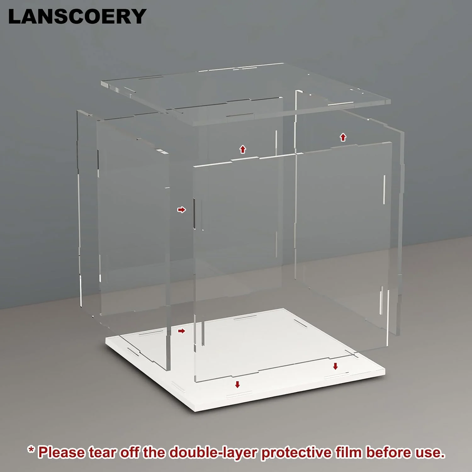 NEW - LANSCOERY Clear Acrylic Display Case, Assemble Cube Display Box Stand with White Base, Dustproof Protection Showcase for Collectibles Memorabilia Figurines (15.7x15.7x15.7inch; 40x40x40cm) - Retail $88 - Image 3