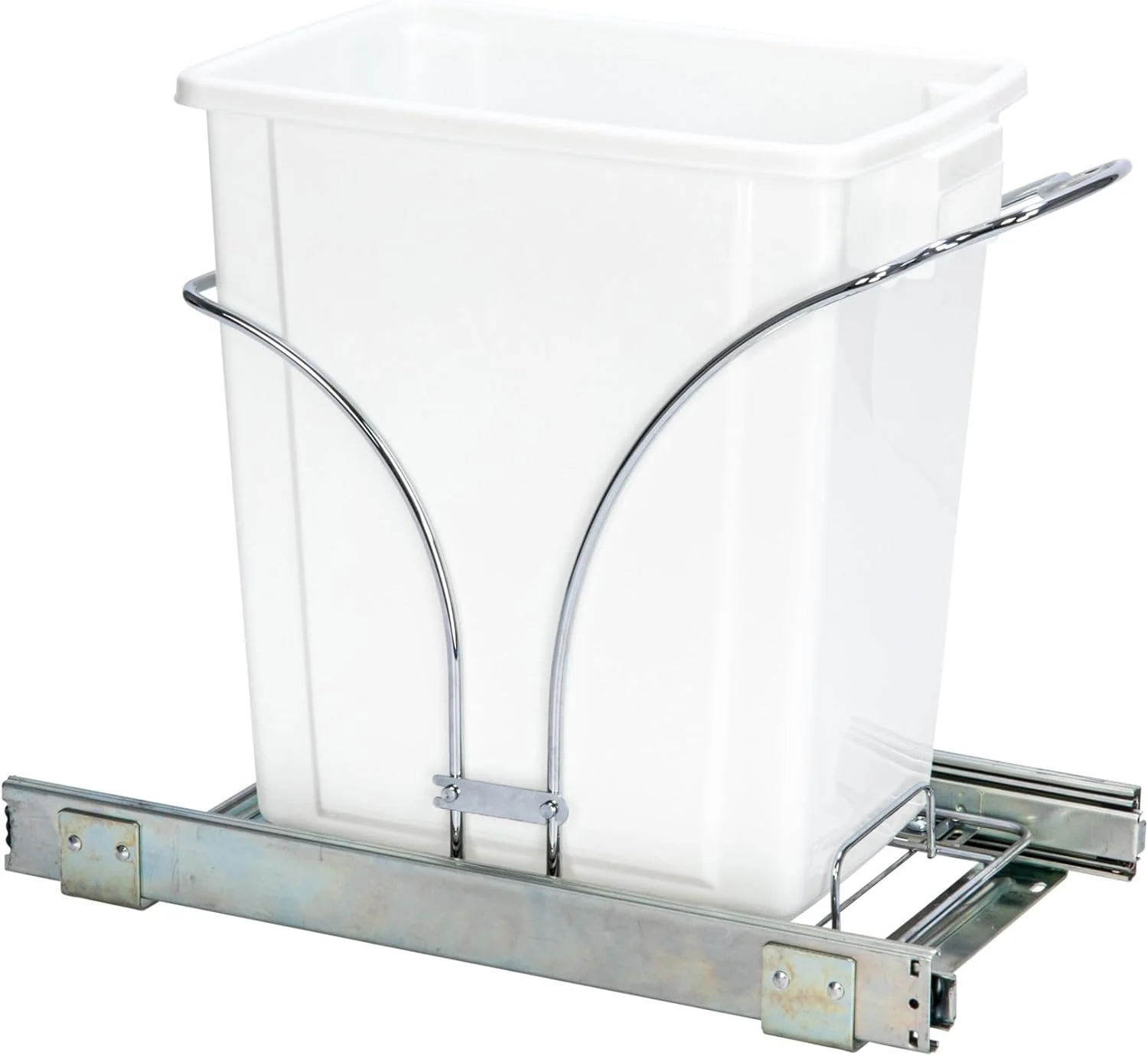 NEW - Household Essentials Glidez Chrome-Plated Steel Pull-Out/Slide-Out Discreet Single 5 Gallon Plastic Trash Can for Under Cabinet Use - Fits Standard Size Cabinet, Chrome and White - Retail $53