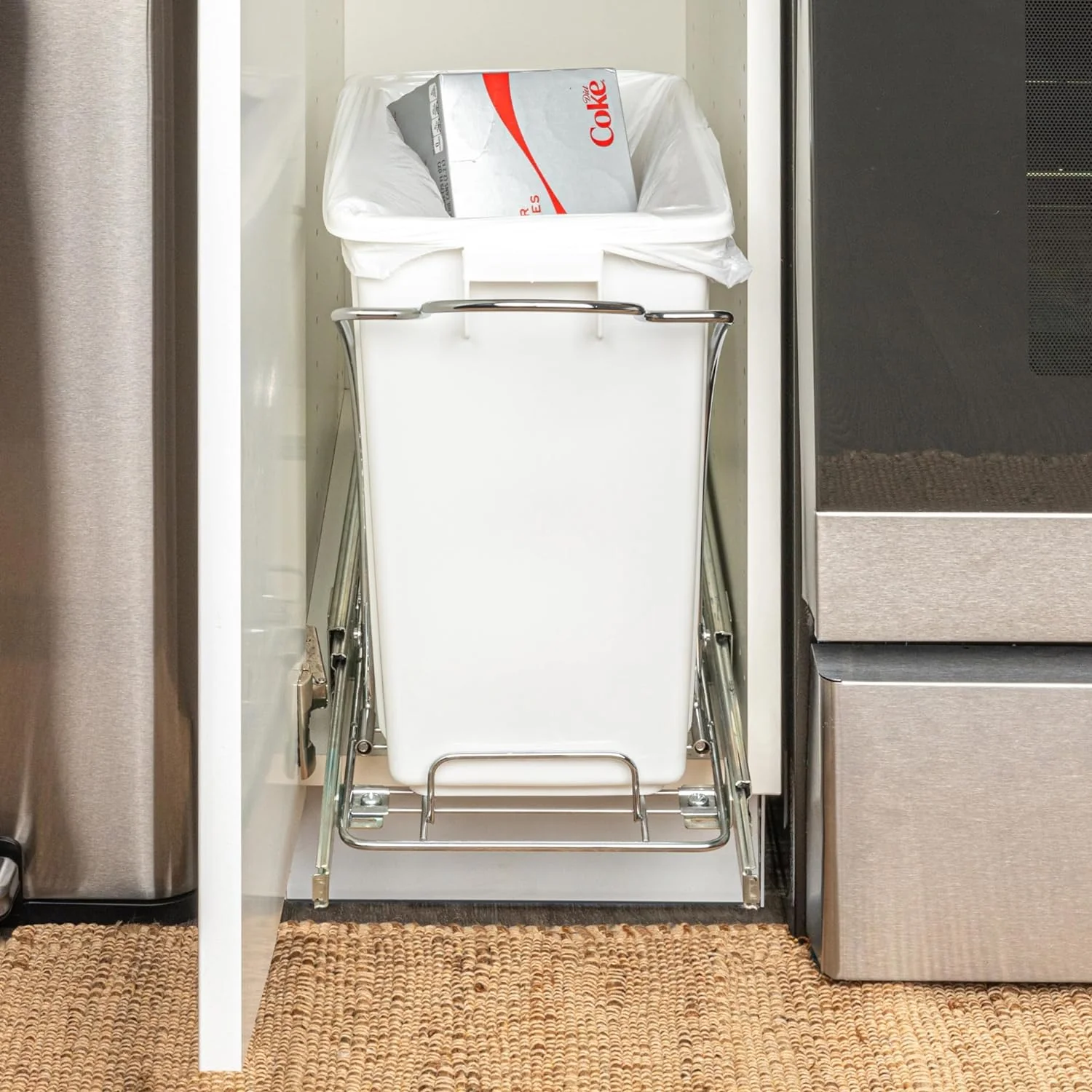 NEW - Household Essentials Glidez Chrome-Plated Steel Pull-Out/Slide-Out Discreet Single 5 Gallon Plastic Trash Can for Under Cabinet Use - Fits Standard Size Cabinet, Chrome and White - Retail $53 - Image 3