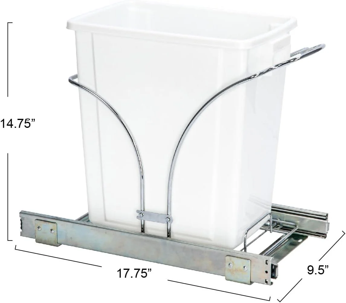 NEW - Household Essentials Glidez Chrome-Plated Steel Pull-Out/Slide-Out Discreet Single 5 Gallon Plastic Trash Can for Under Cabinet Use - Fits Standard Size Cabinet, Chrome and White - Retail $53 - Image 4
