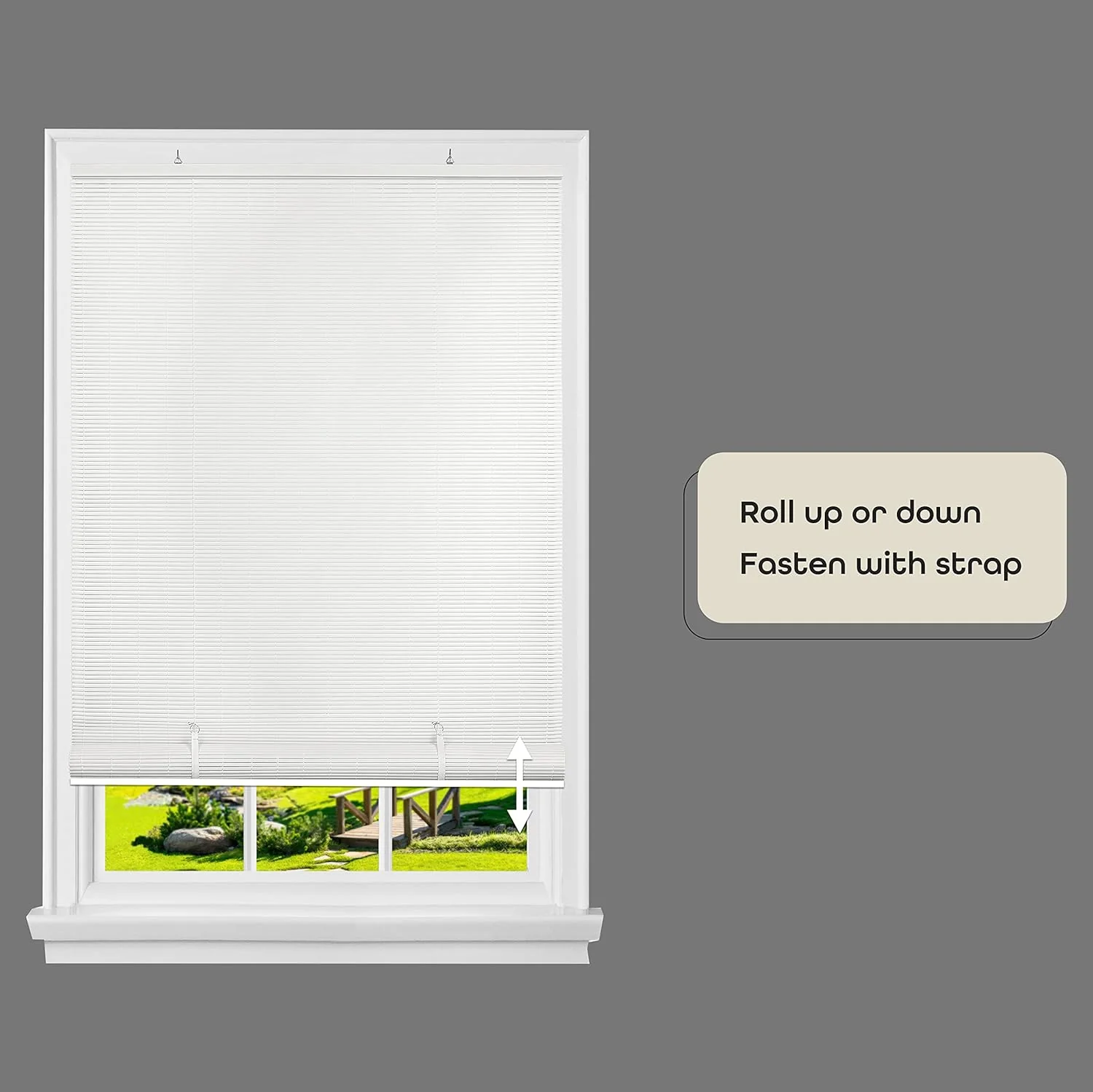 NEW - Cordless Solstice Vinyl Roll-Up Blind - 60 Inch Width, 72 Inch Length, Quarter Inch Vinyl Slats - White - Soft Light Filtering Horizontal Windows Blinds for Indoor & Ourdoor by Achim Home Decor - Retail $30 - Image 3