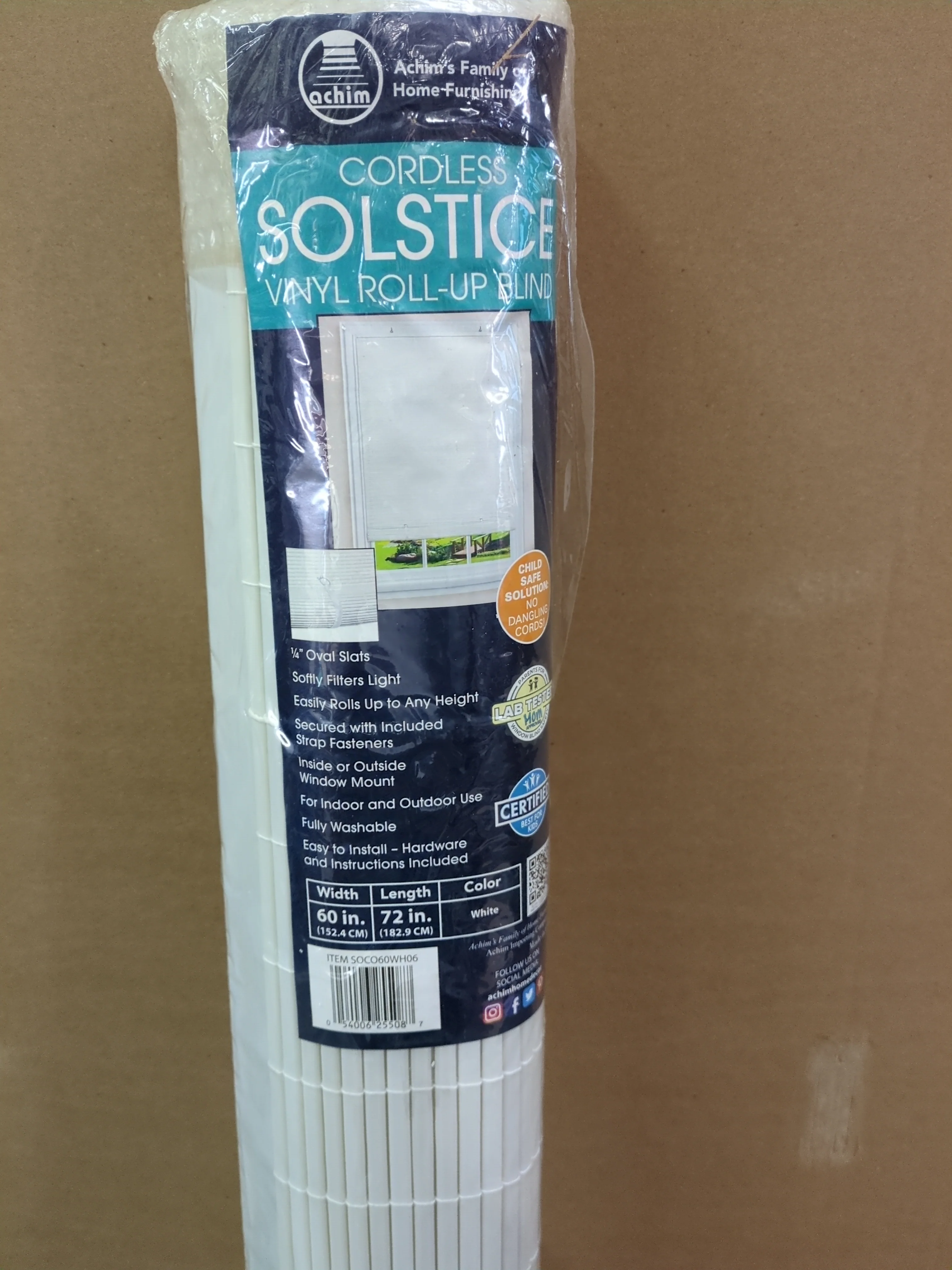 NEW - Cordless Solstice Vinyl Roll-Up Blind - 60 Inch Width, 72 Inch Length, Quarter Inch Vinyl Slats - White - Soft Light Filtering Horizontal Windows Blinds for Indoor & Ourdoor by Achim Home Decor - Retail $30 - Image 5