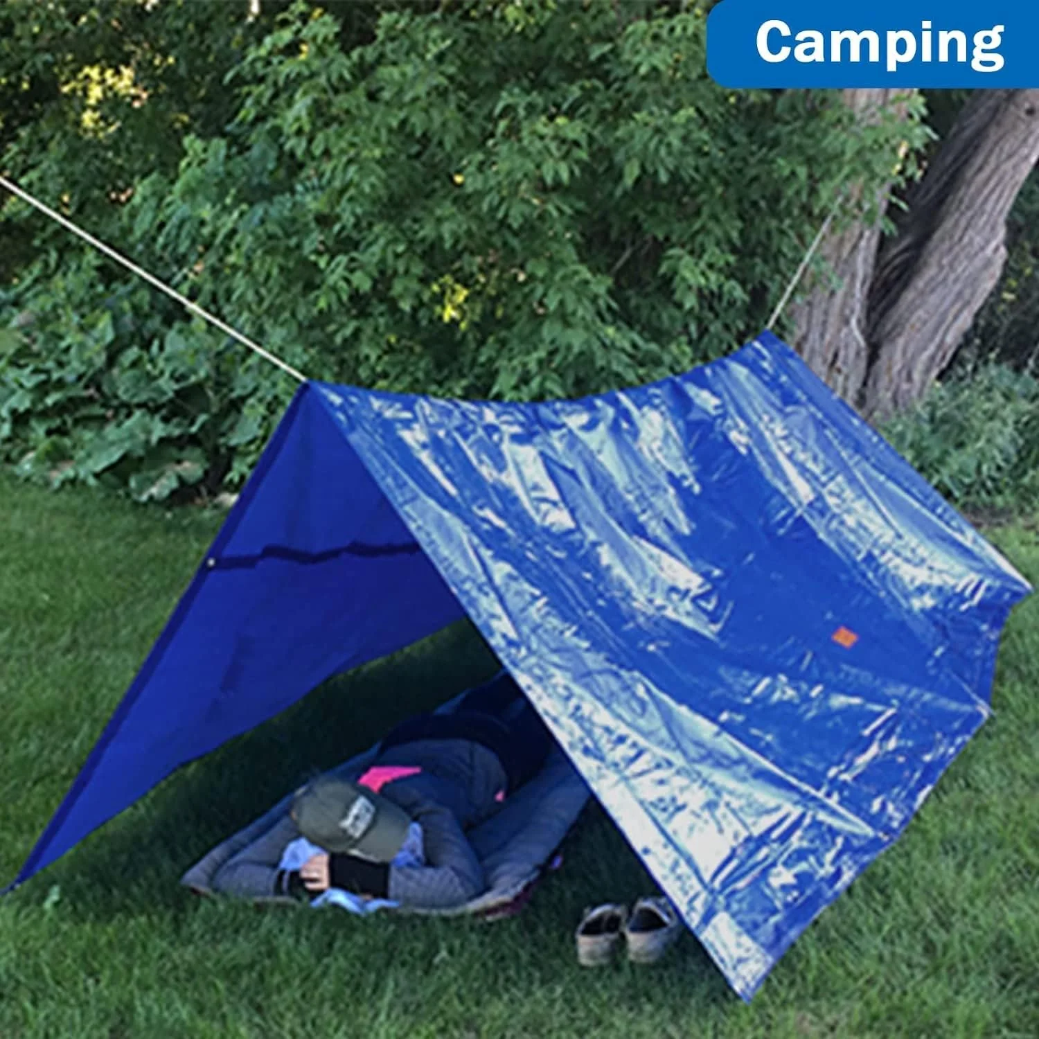 NEW - 50x100 7 Mil Tarp Cover, Waterproof, UV Resistant, Rip and Tear Proof, Poly Tarpaulin with Reinforced Edges for Roof, Camping, Patio, Pool Cover, Boat, Blue - Retail $222 - Image 4