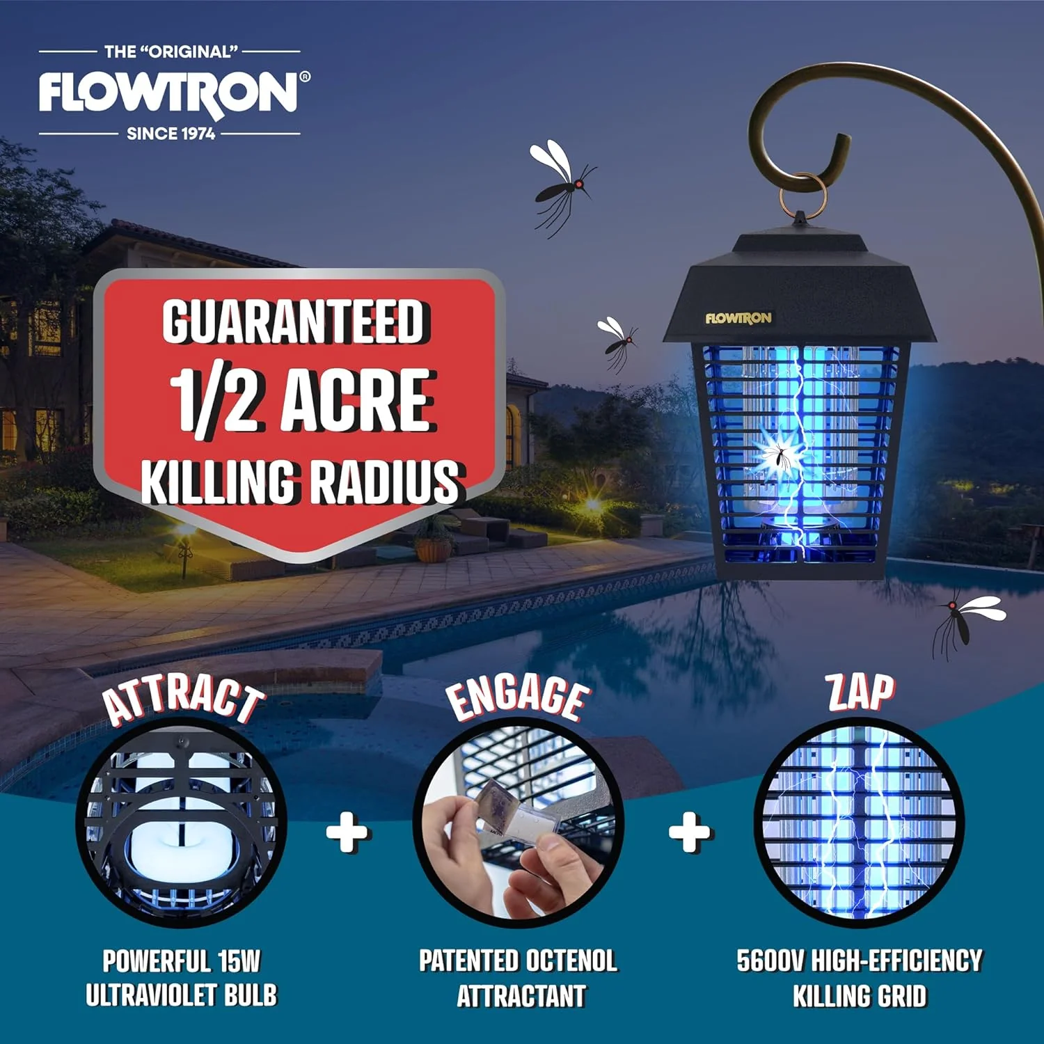 Flowtron Bug Zapper, 1/2 Acre of Outdoor Coverage with Powerful 15W Bulb & 5600V Instant Killing Grid, Electric Insect, Fly & Mosquito Zapper, Made in The USA - Retail $49 - Image 2