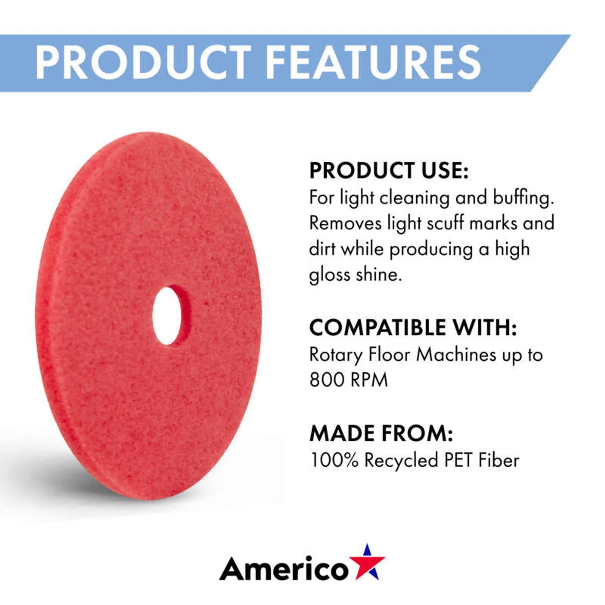 Americo Red Buffer Floor Pad, for Light Cleaning and Buffing, 18" Diameter, 3.25" Center Hole, 5 Pads/Case, Made of 100% Recycled Content, USA Made - Image 3