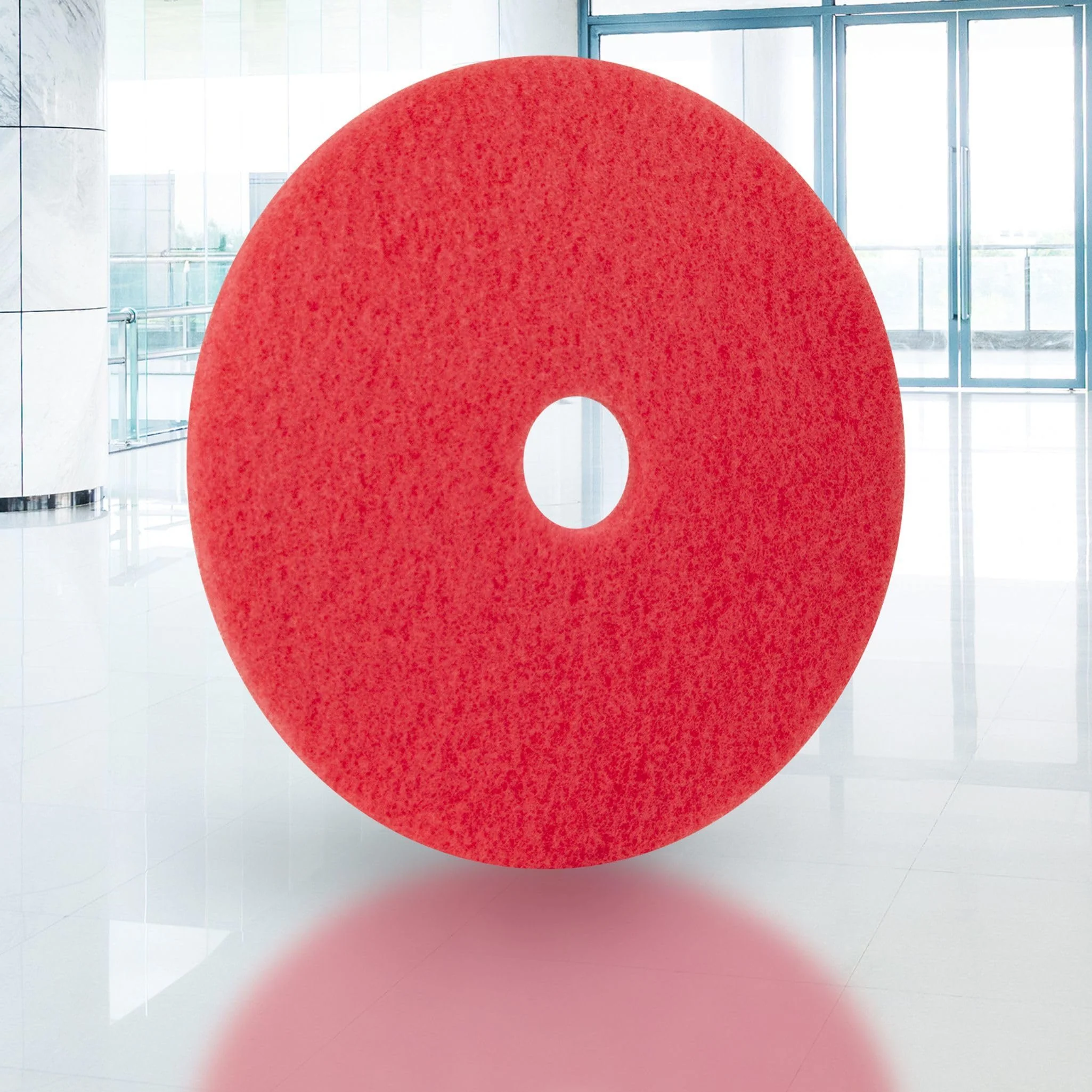 Americo Red Buffer Floor Pad, for Light Cleaning and Buffing, 18" Diameter, 3.25" Center Hole, 5 Pads/Case, Made of 100% Recycled Content, USA Made - Image 4