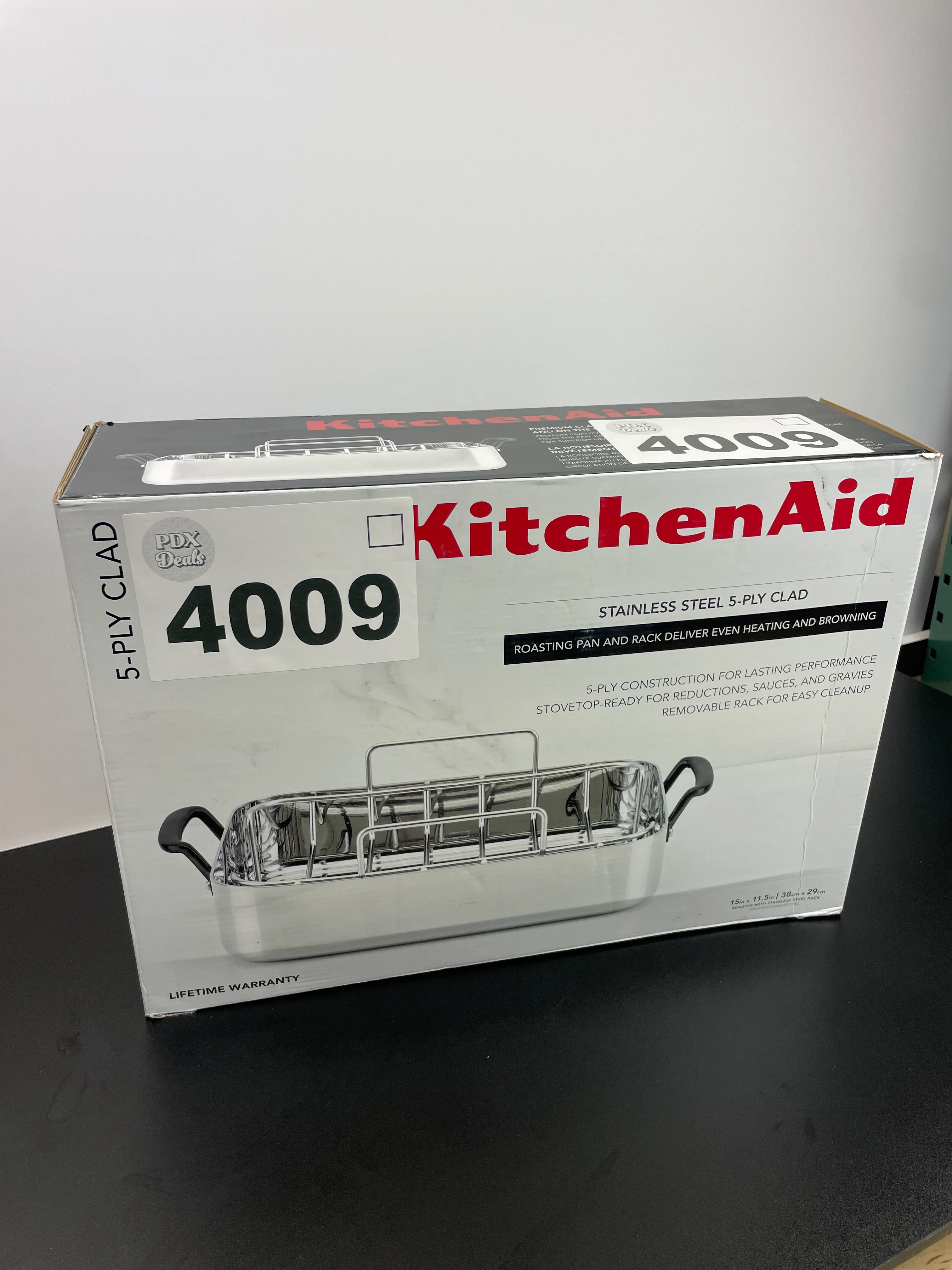 NEW - KitchenAid 5-Ply Clad Roasting Pan/Roaster with Removable Rack, 15 Inch x 11.5 Inch, Polished Stainless Steel - Retail $149 - Image 3