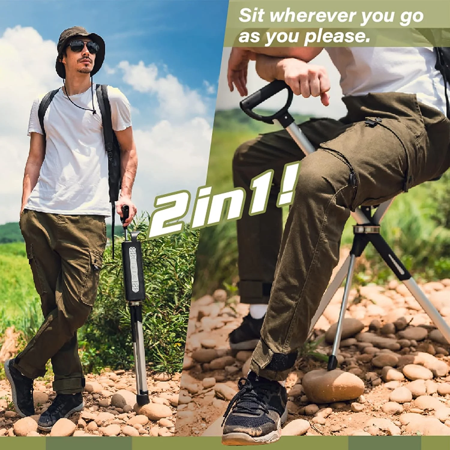 Ta-Da Chair Series 2- Portable Walking Stick, Cane with Seat, Foldable Chair, Hiking Stick, for Camping, Hiking, Lightweight Aluminum, Easy Carry, Anti-Slip - Retail $139 - Image 2