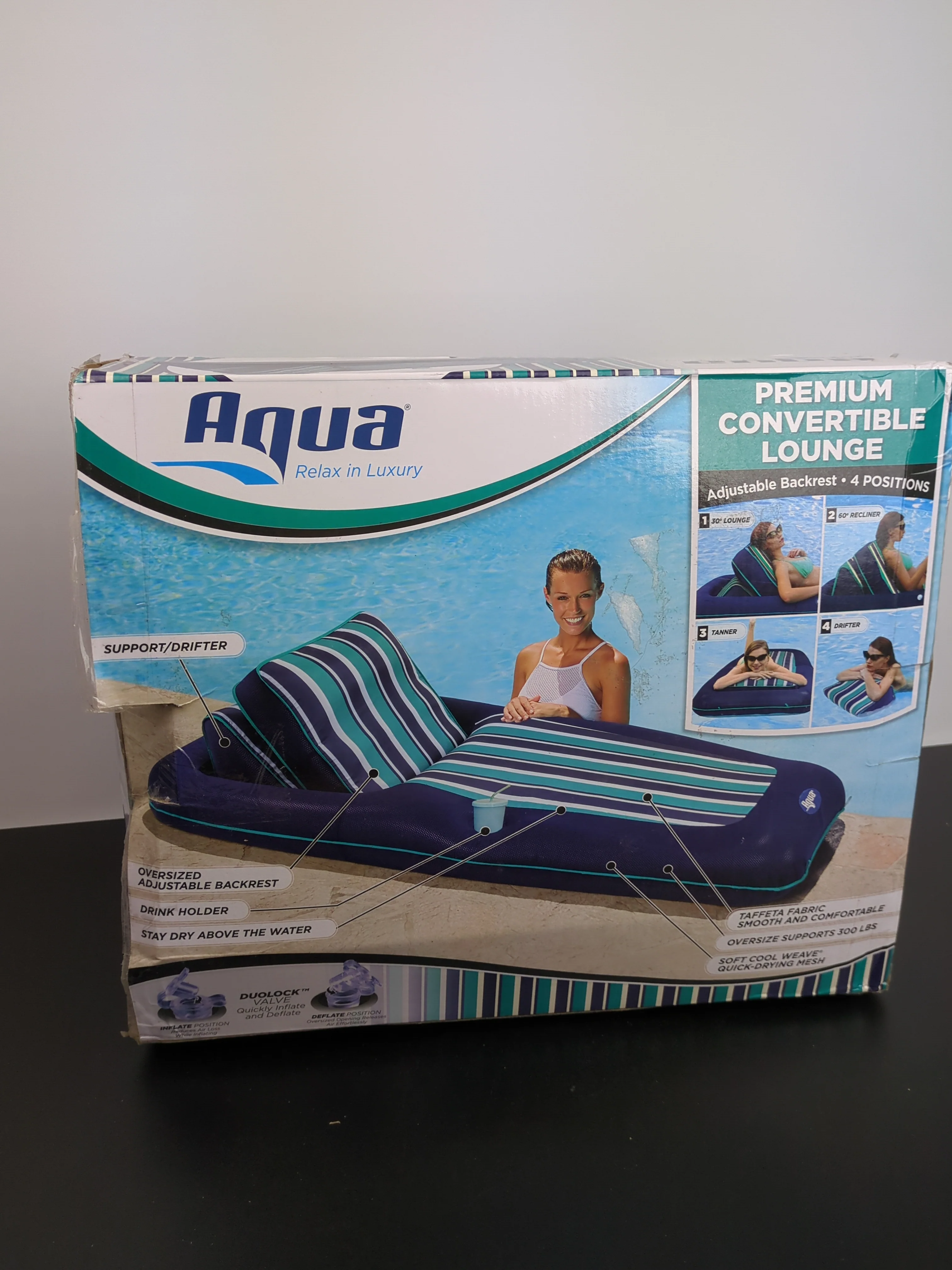 NEW - Aqua Premium Convertible Pool Float Lounge Extra Large Heavy Duty, Inflatable Pool Floats for Adults with Cupholder Navy/Green/White Stripe - Retail $165 - Image 2