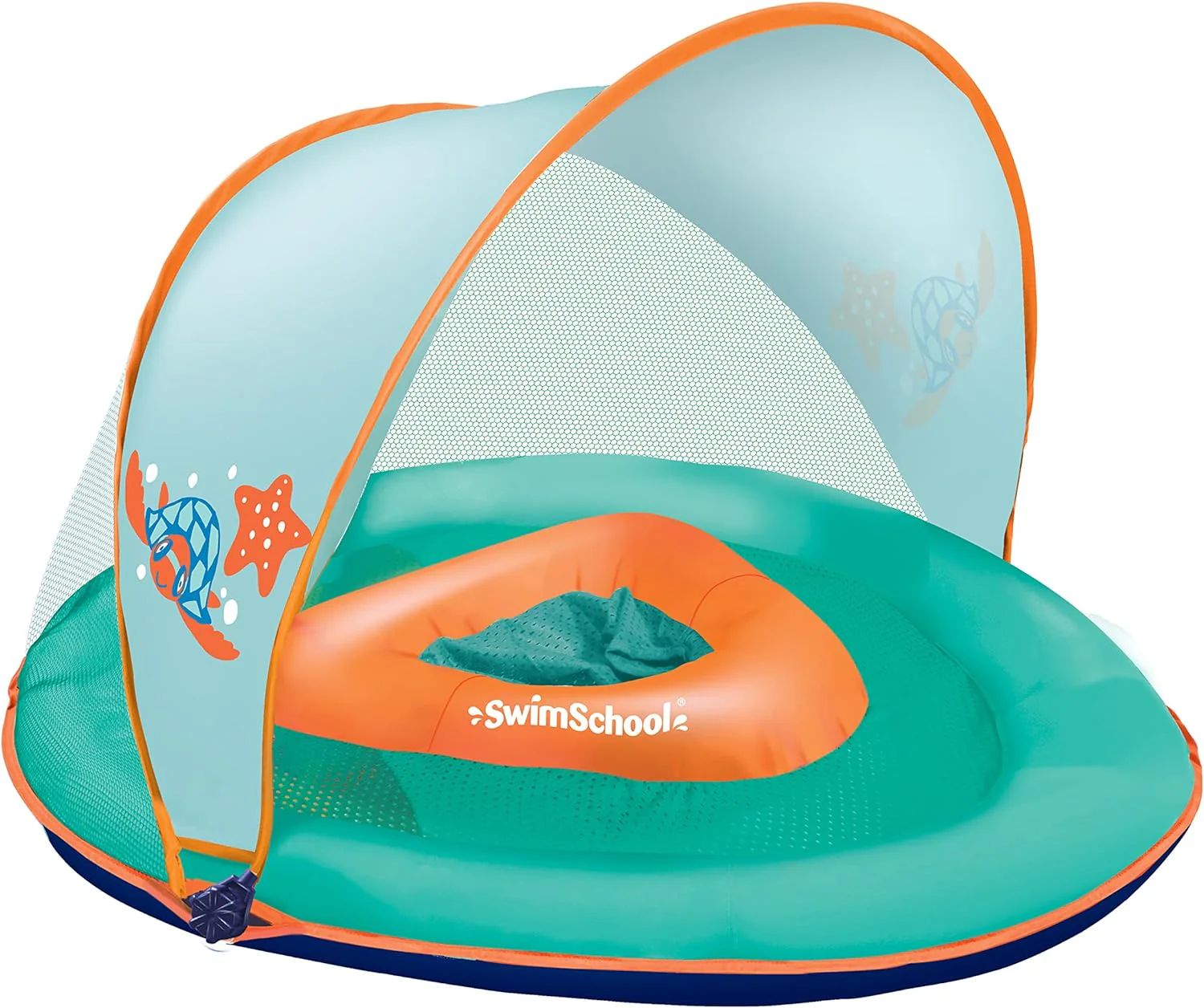 NEW - SwimSchool Infant Baby Pool Float with Splash & Play Activity Toys, Adjustable Sun Canopy, Safety Seat, Infant Baby Floatie, 6 - 24 Months- Seafoam/Orange - Retail $28 - Image 2
