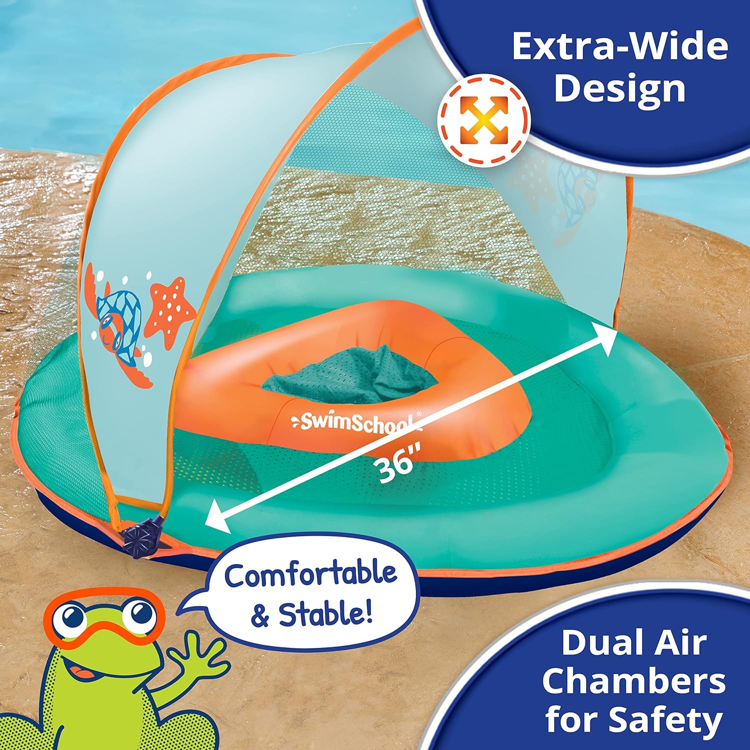 NEW - SwimSchool Infant Baby Pool Float with Splash & Play Activity Toys, Adjustable Sun Canopy, Safety Seat, Infant Baby Floatie, 6 - 24 Months- Seafoam/Orange - Retail $28 - Image 4