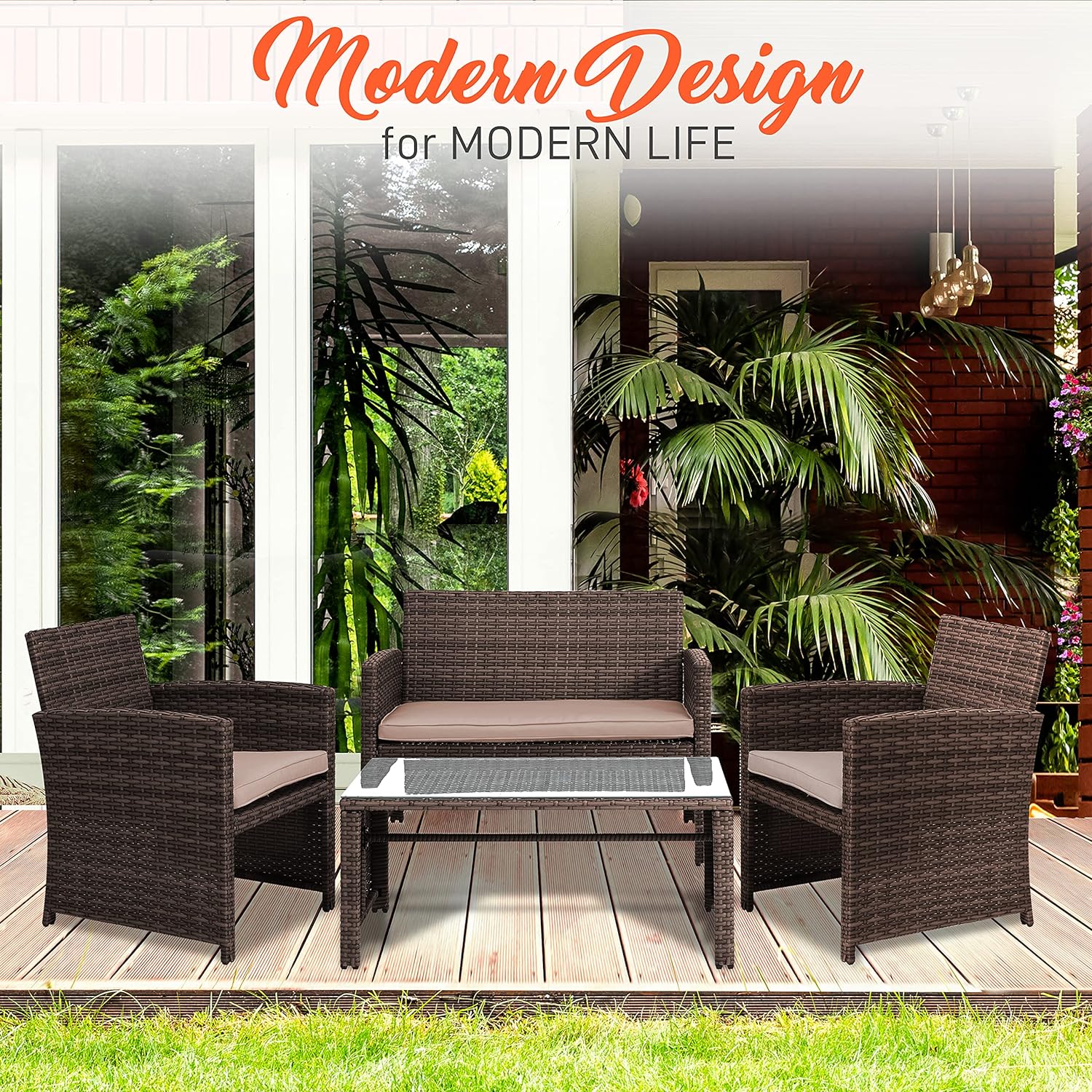NEW - SereneLife Porch Furniture 4 Piece Accessories and Decor Outdoor, Balcony Patio Conversation, Bistro Set, PE Rattan Wicker Chairs w/Soft Cushion & Glass Coffee Table-SLOTFX5, Brown - Retail $218 - Image 6