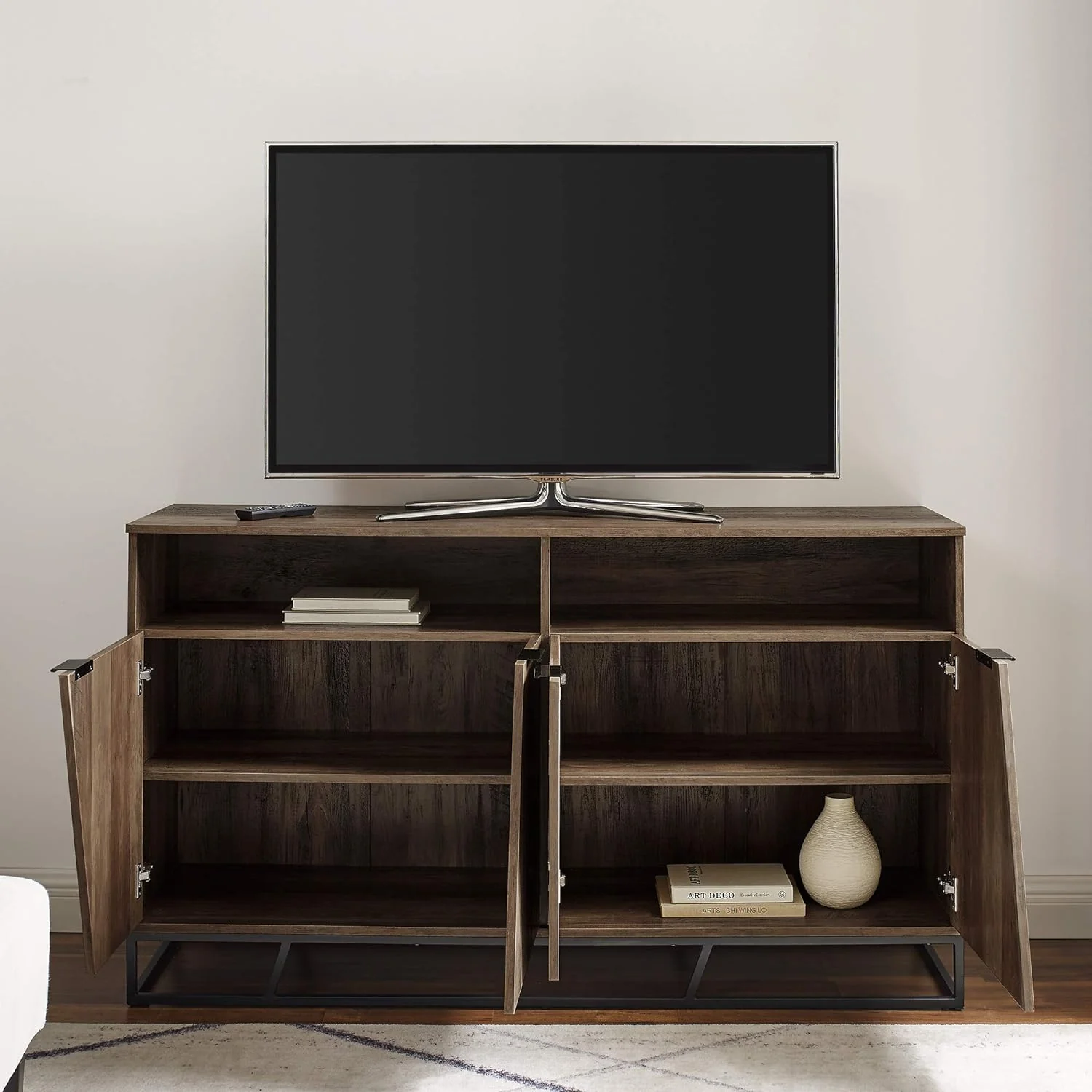 NEW in Box - Walker Edison Angled Door Cabinet-Sideboard-Buffet with Open Shelf Storage, 58, Rustic Oak - Retail $179 - Image 2