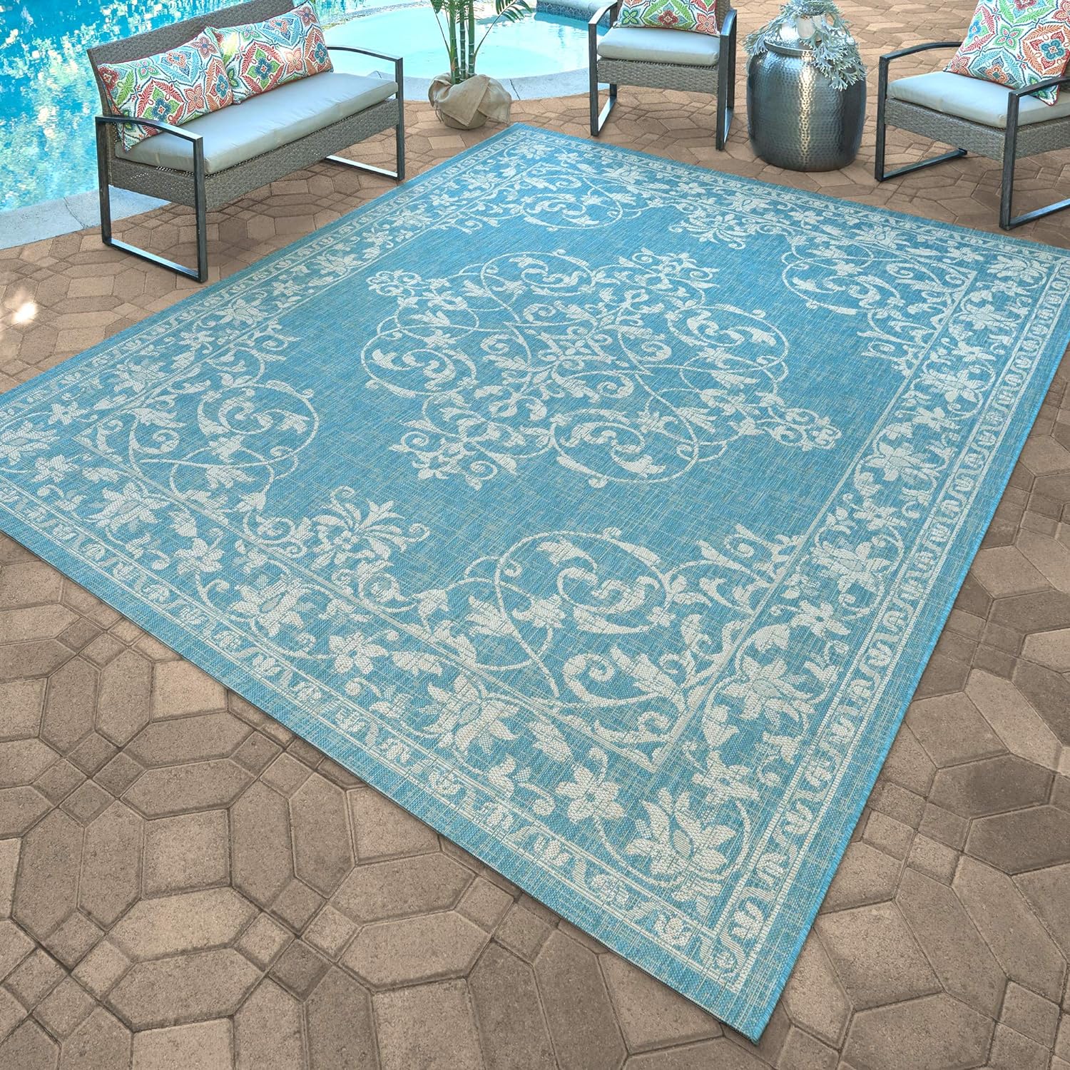 NEW - Gertmenian Indoor Outdoor Area Rug, Classic Flatweave, Washable, Stain & UV Resistant Carpet, Deck, Patio, Poolside & Mudroom, 6x9 Ft Medium, Center Medallion, Aqua Blue, 22255 - Retail $124 - Image 4