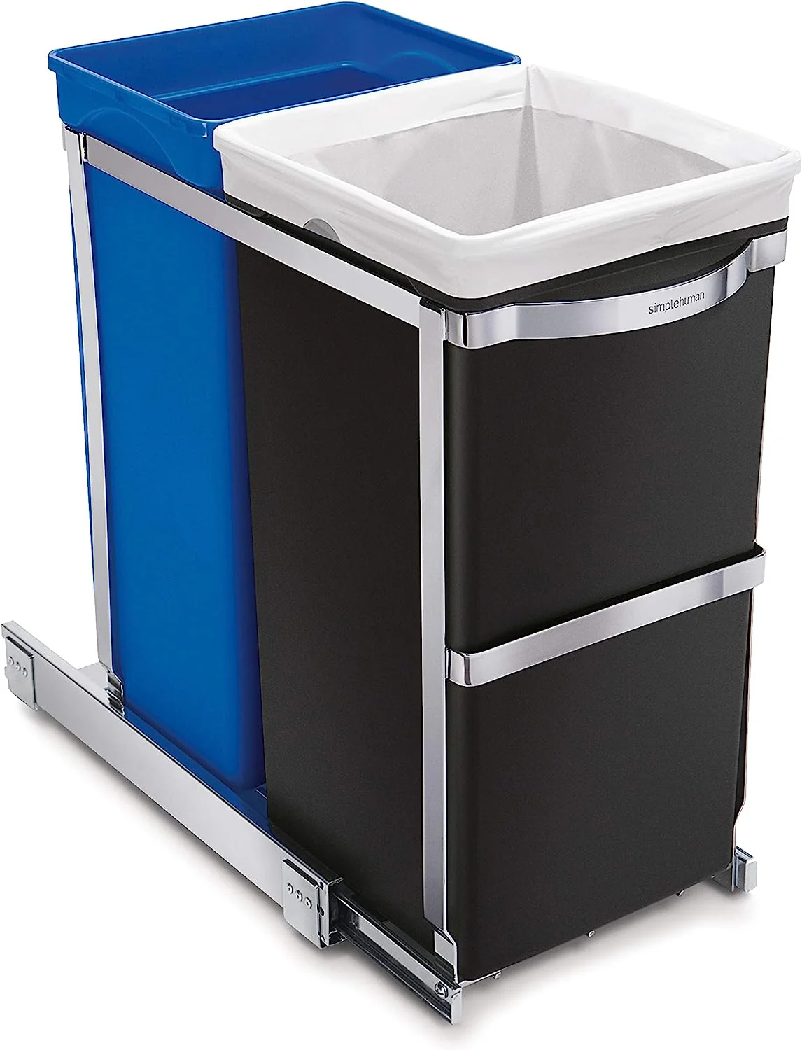 NEW - simplehuman 35 Liter / 9.3 Gallon Dual Compartment Under Counter Kitchen Cabinet Pull-Out Recycling Bin and Trash Can, Chrome - Retail $79 - Image 2
