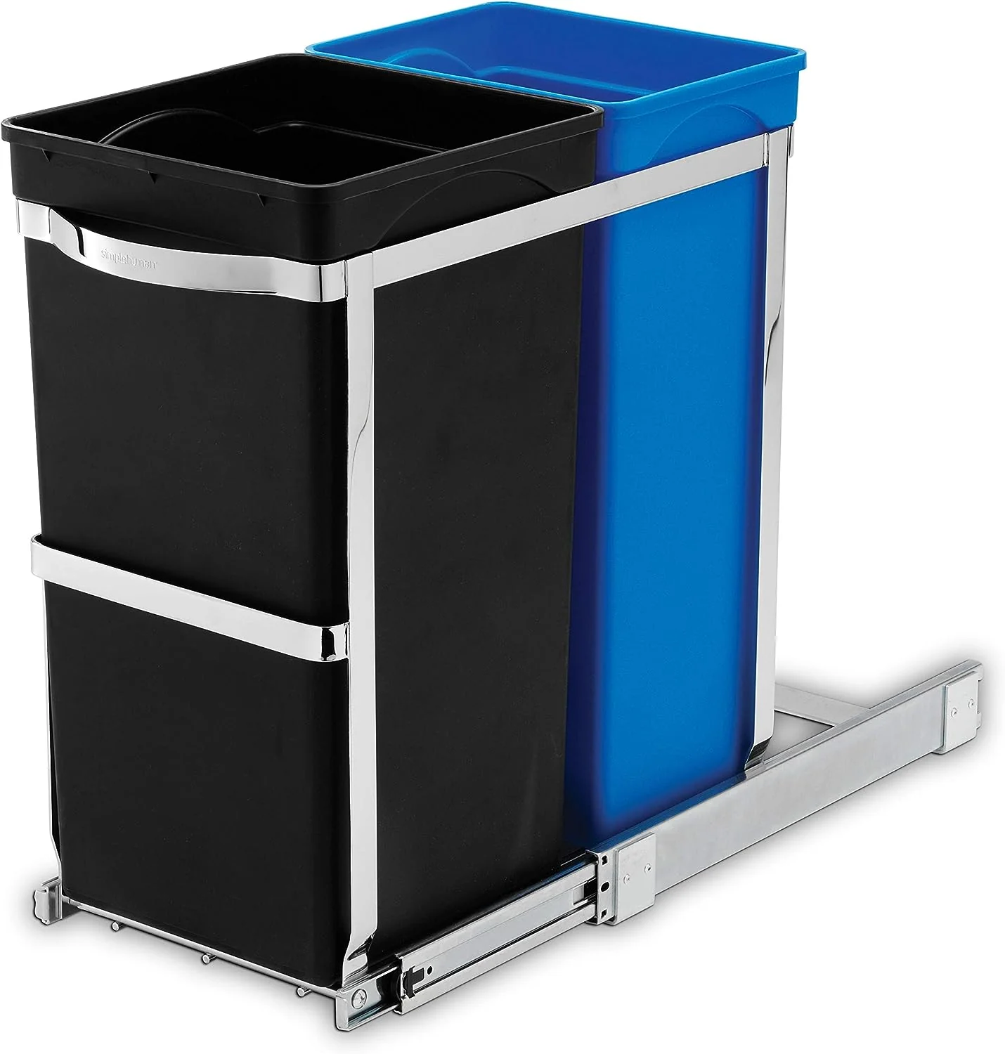 NEW - simplehuman 35 Liter / 9.3 Gallon Dual Compartment Under Counter Kitchen Cabinet Pull-Out Recycling Bin and Trash Can, Chrome - Retail $79 - Image 3