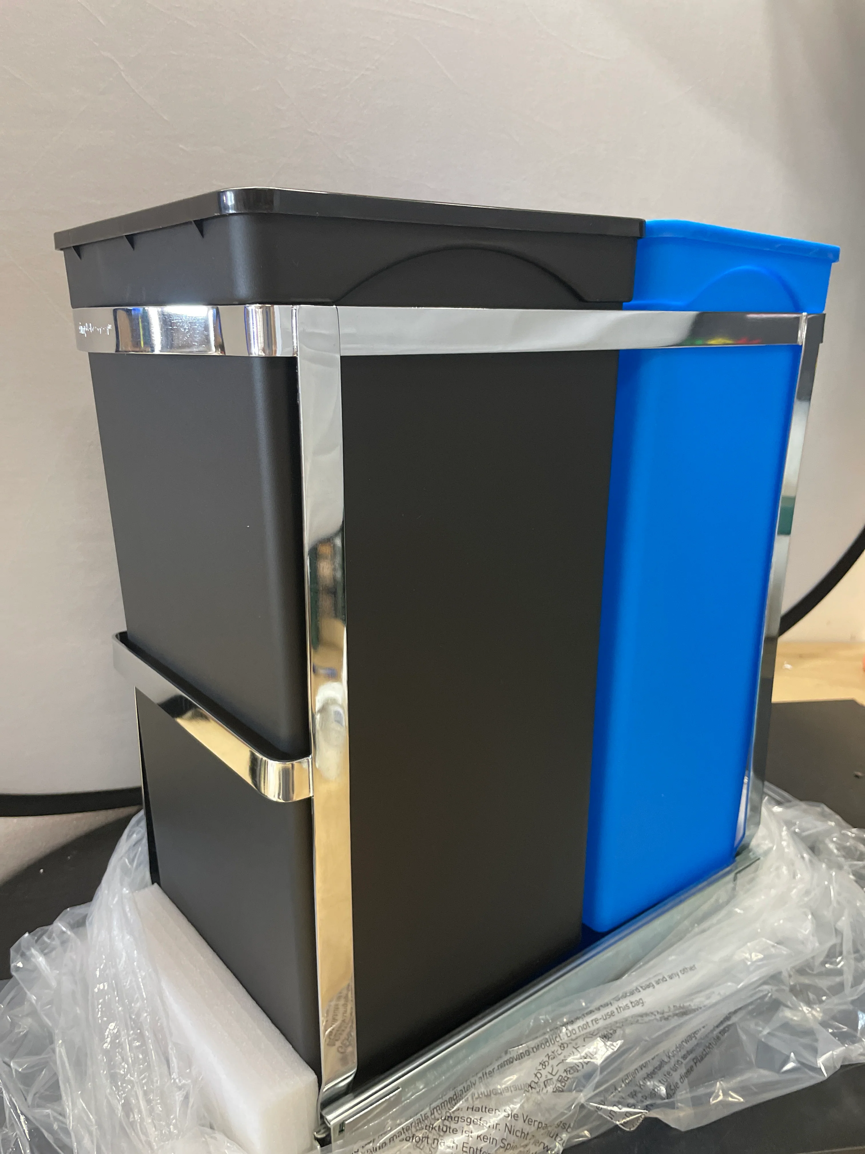 NEW - simplehuman 35 Liter / 9.3 Gallon Dual Compartment Under Counter Kitchen Cabinet Pull-Out Recycling Bin and Trash Can, Chrome - Retail $79 - Image 5